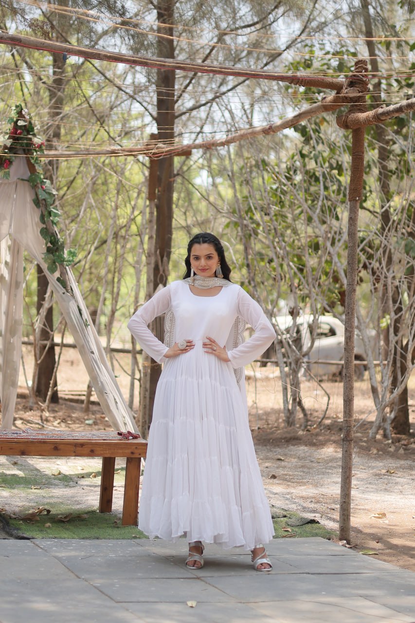 White Color Partywear Flaired Anarkali | Nardev Fashion
