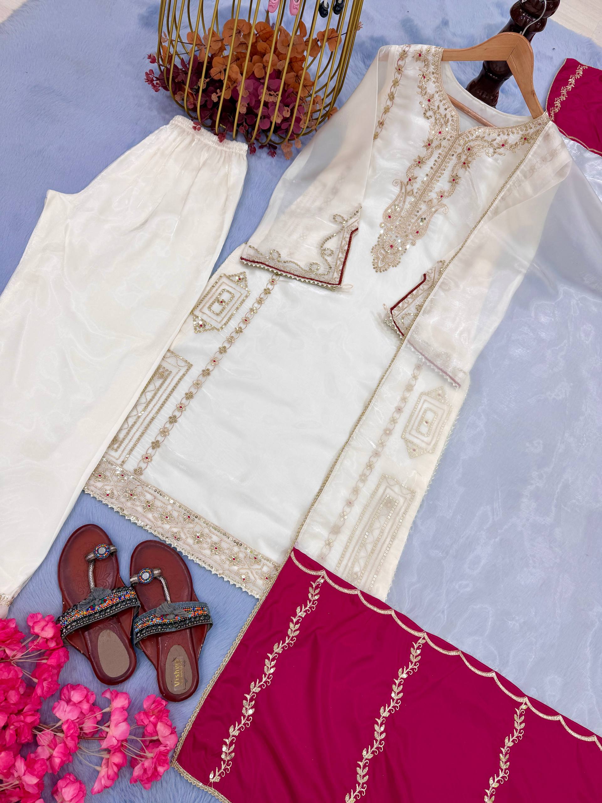 White Partywear GMY Silk Top Plazzo Dupatta Set | Ready to Wear | Nardev Fashion