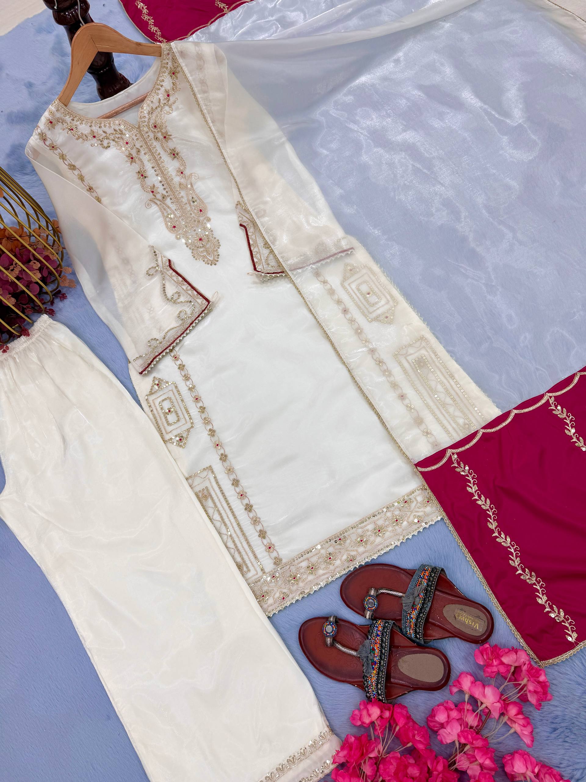 White Partywear GMY Silk Top Plazzo Dupatta Set | Ready to Wear | Nardev Fashion