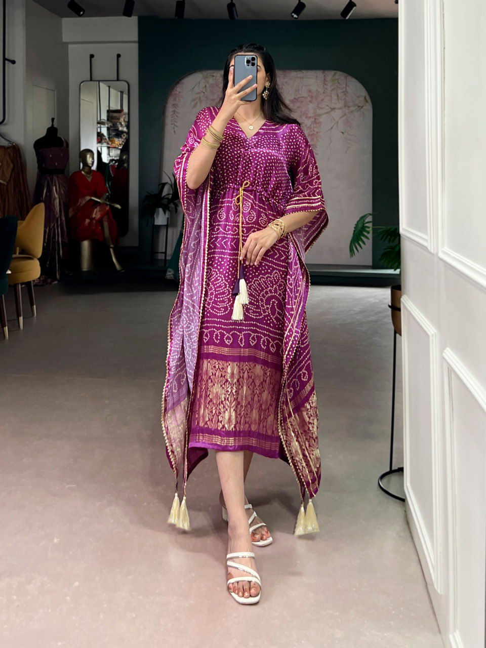 Wine Bandhani Print Pure Gajji Silk Kaftan | Nardev Fashion