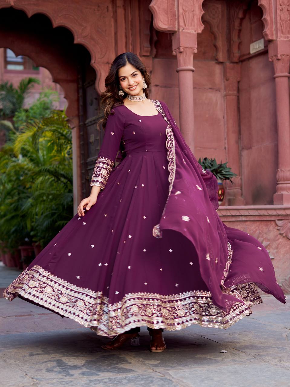 Wine Partywear Anarkali Gown Set with Dupatta & Pant | Nardev Fashion