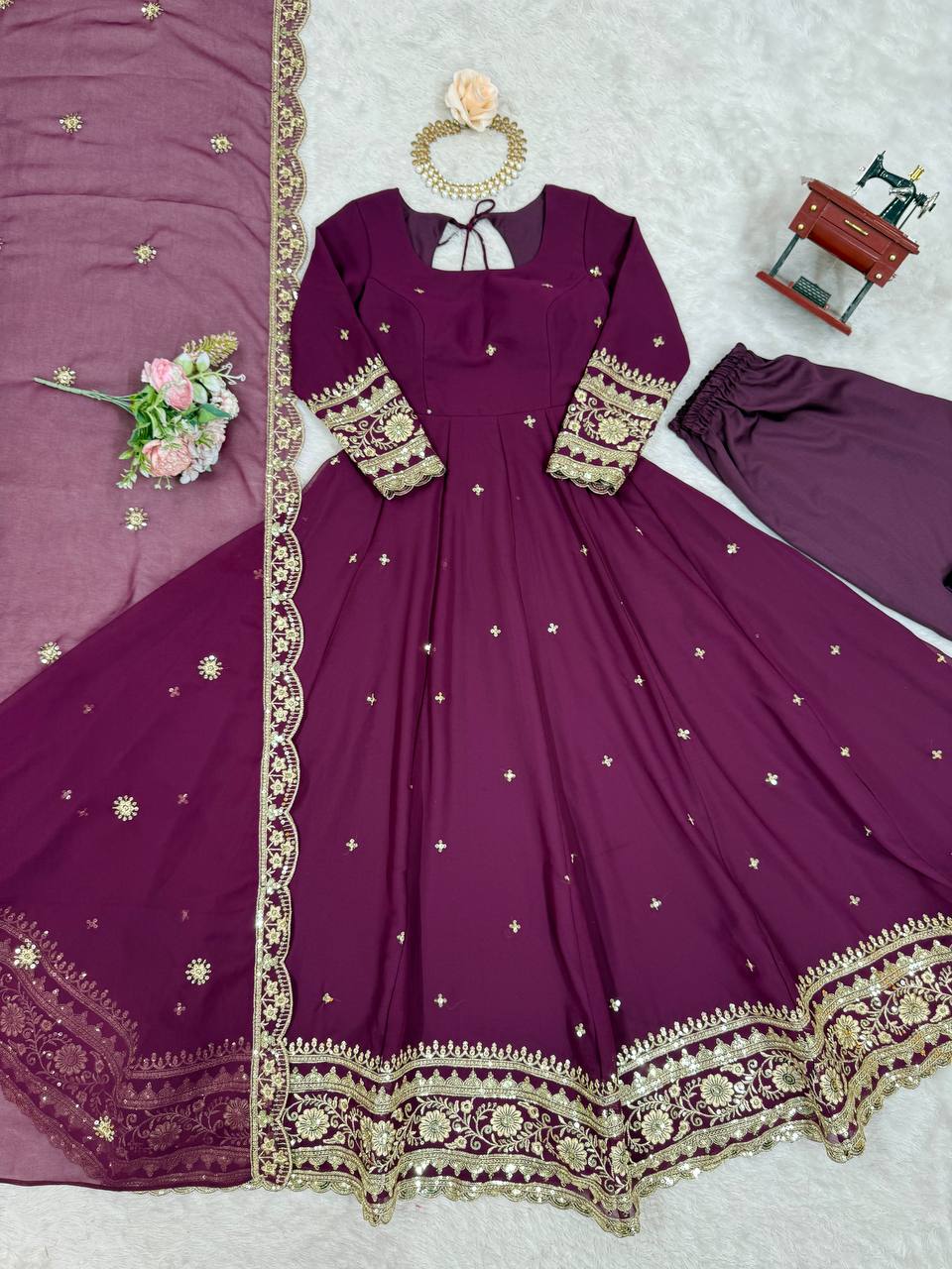 Wine Partywear Anarkali Gown Set with Dupatta & Pant | Nardev Fashion