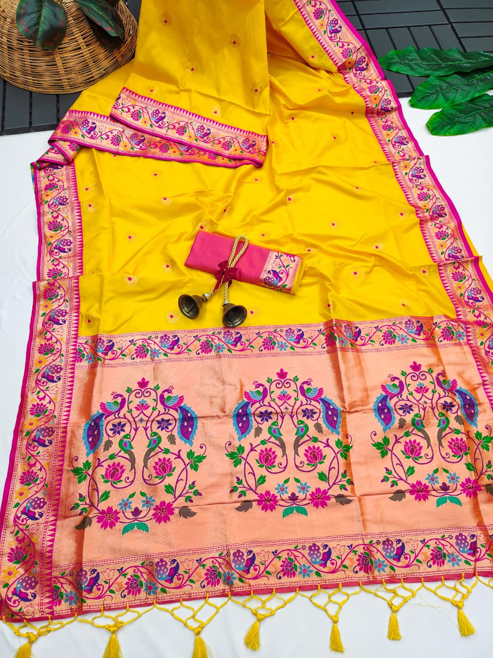 Yellow Banarasi Paithani Silk Saree with Zari Pallu | Soft Silk Saree – Nardev Fashion