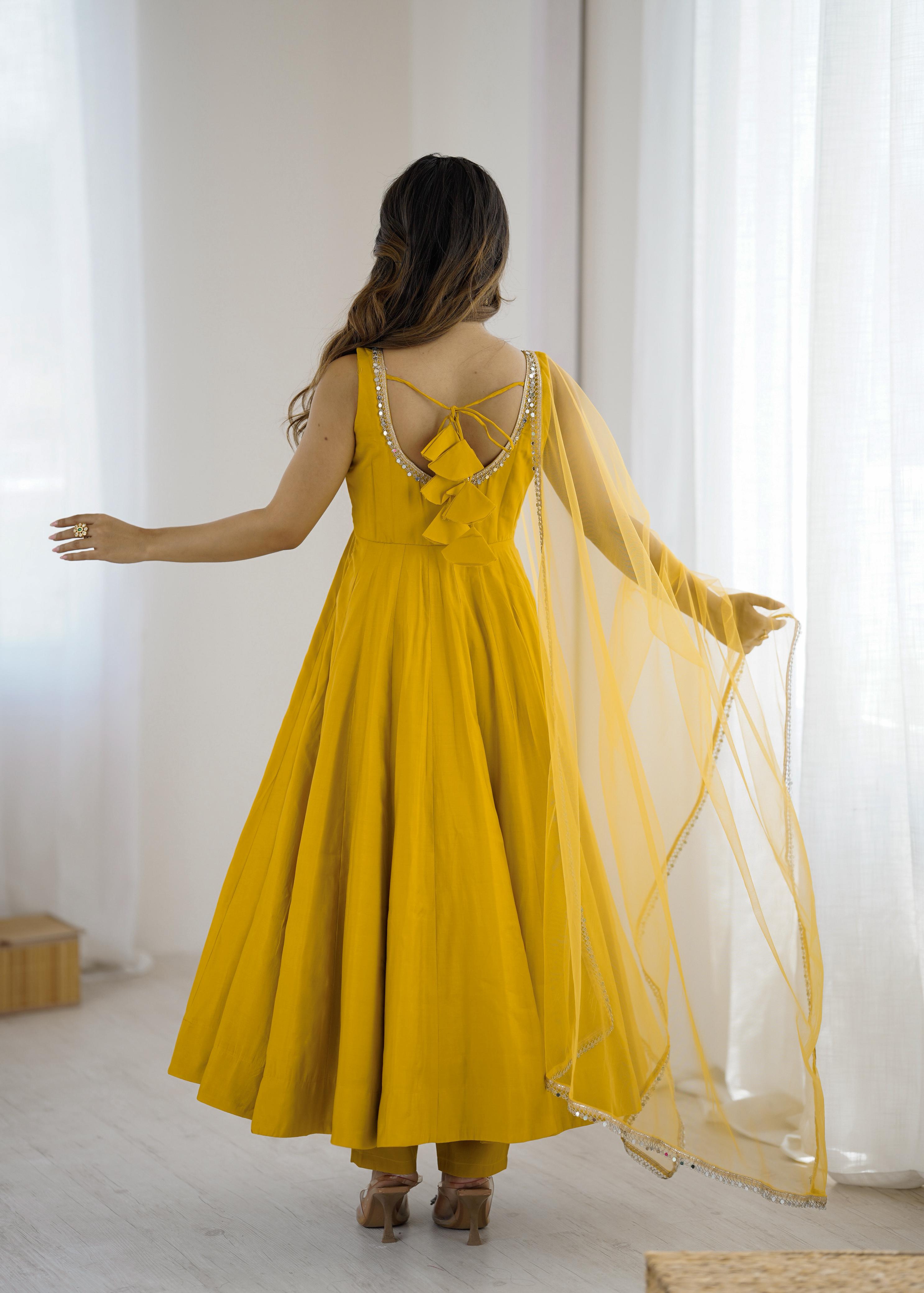 Yellow Color Roman Silk Chanderi Anarkali Gown Set - Aarti Chauhan
