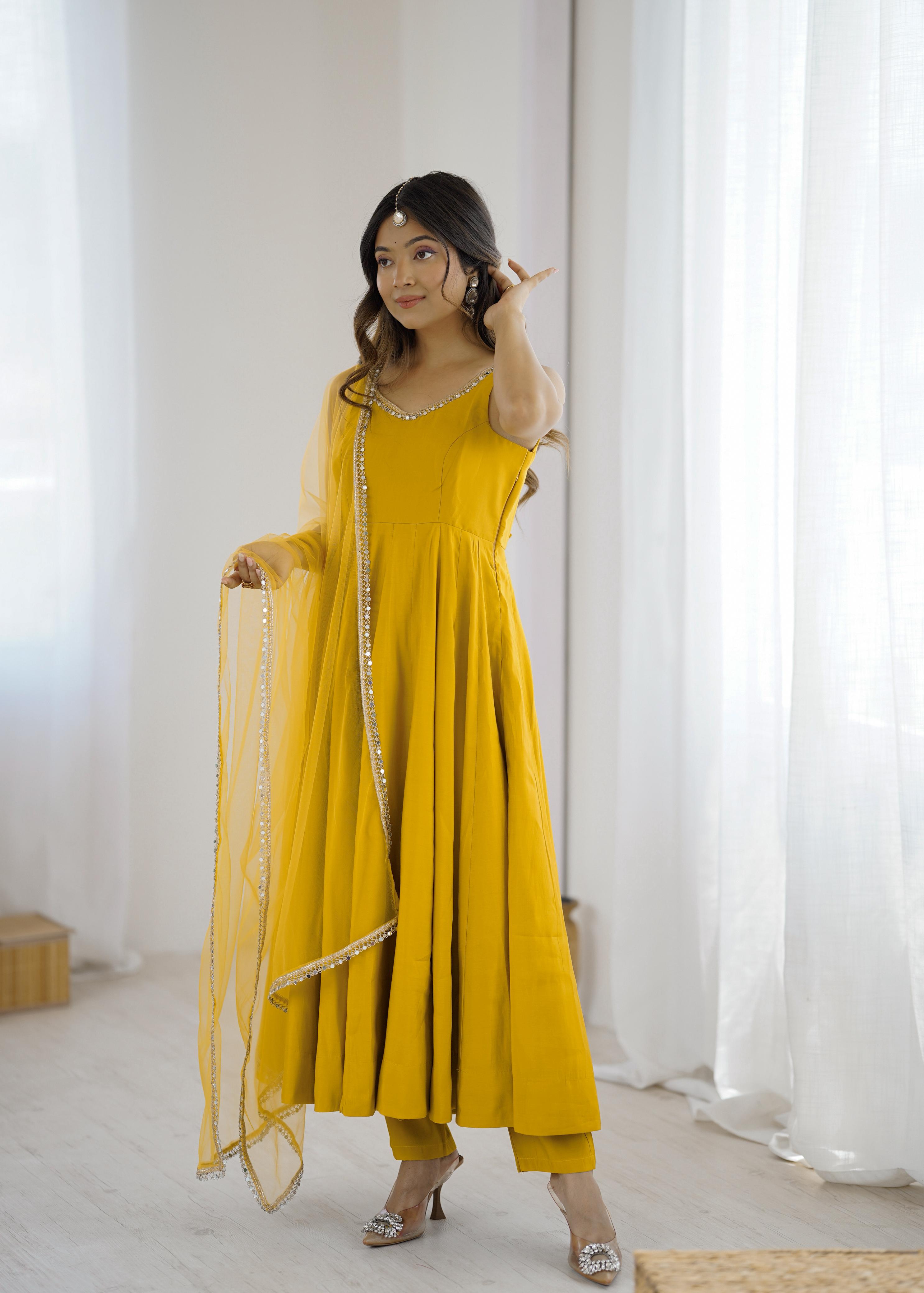 Yellow Color Roman Silk Chanderi Anarkali Gown Set - Aarti Chauhan