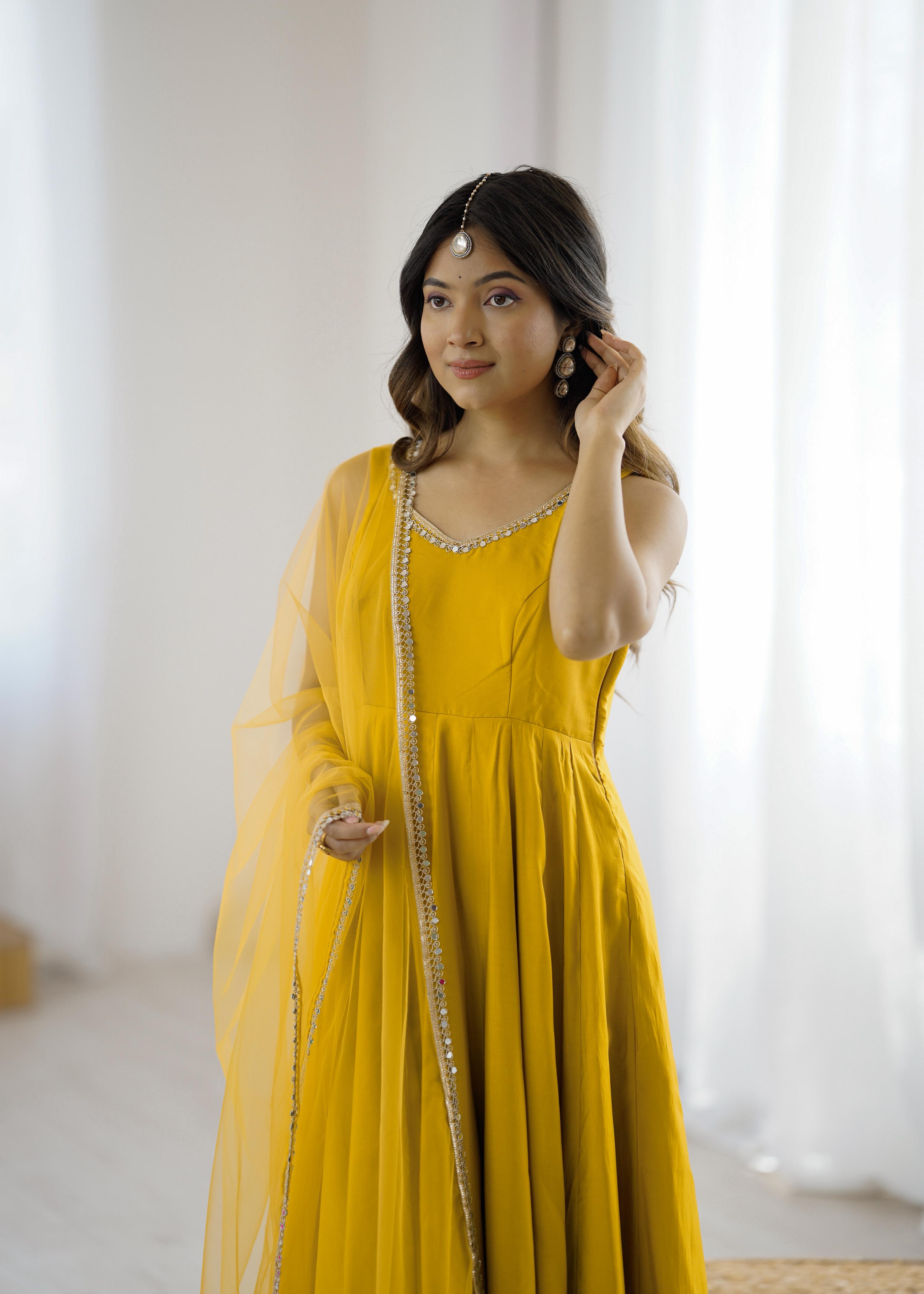 Yellow Color Roman Silk Chanderi Anarkali Gown Set - Aarti Chauhan