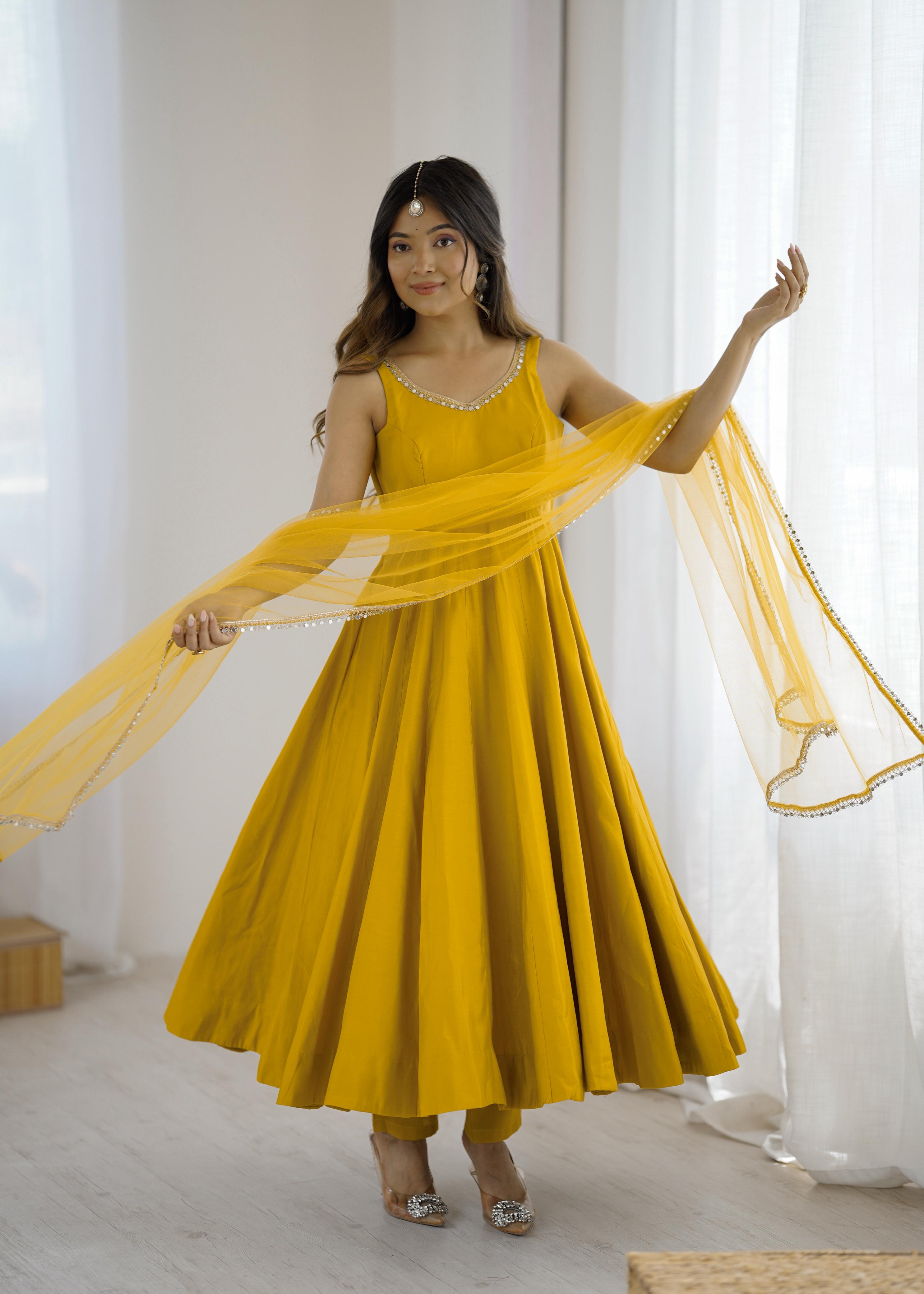 Yellow Color Roman Silk Chanderi Anarkali Gown Set - Aarti Chauhan
