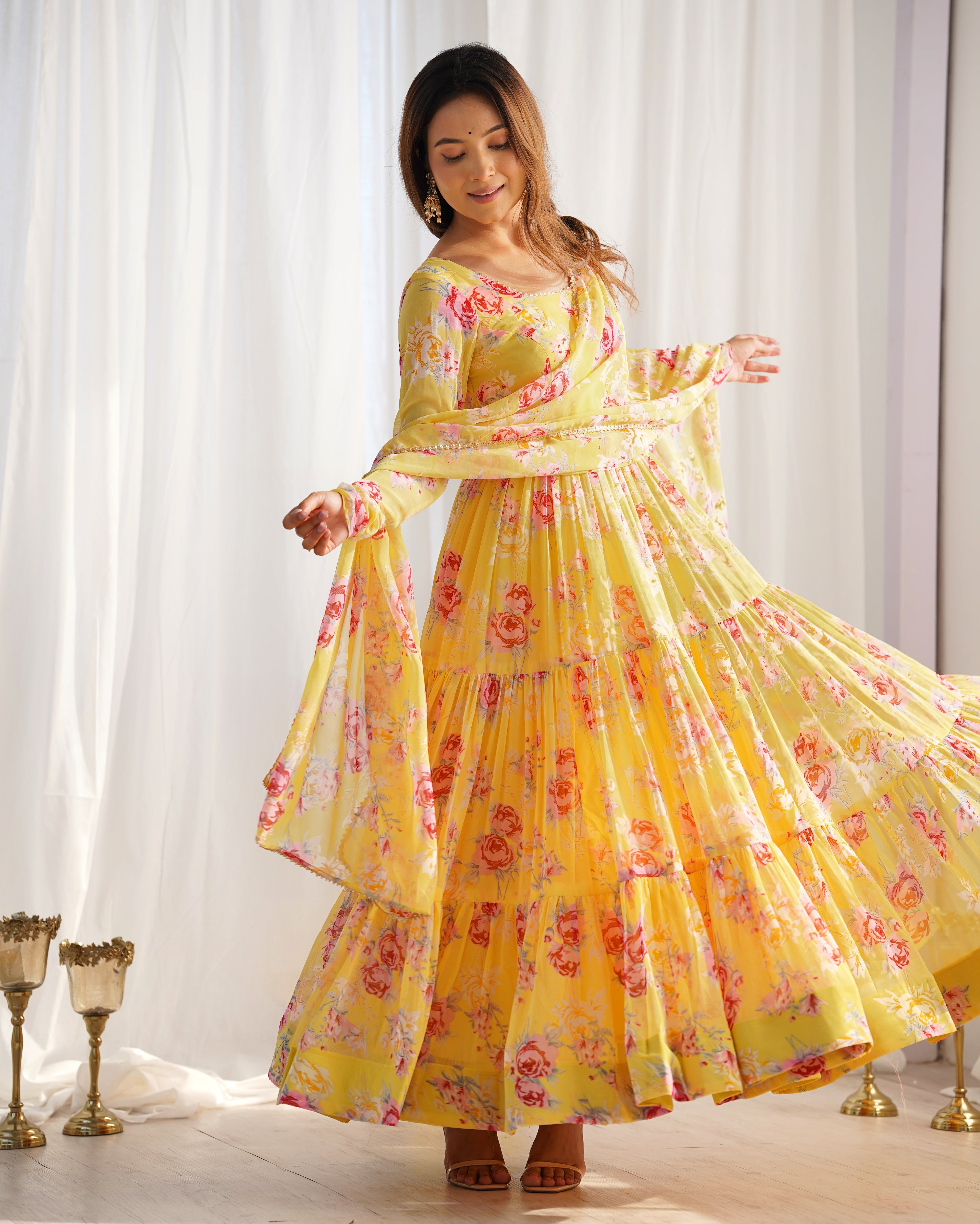 Yellow Color floral printed Anarkali set