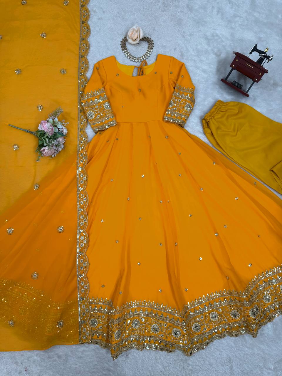 Yellow Partywear Anarkali Gown Set with Dupatta & Pant | Nardev Fashion