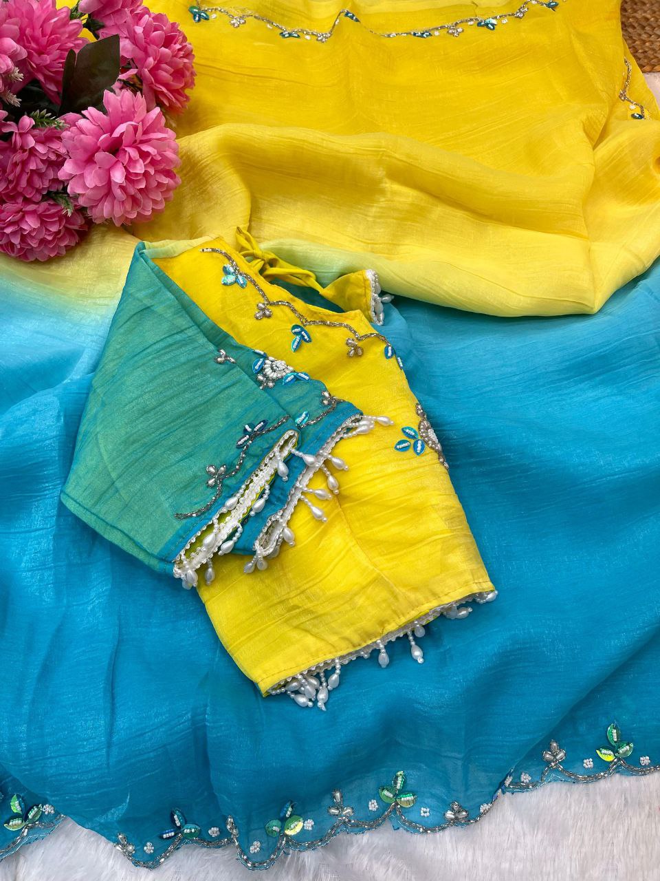 Yellow Sky Designer Wear Saree with Stitched Blouse | Nardev Fashion