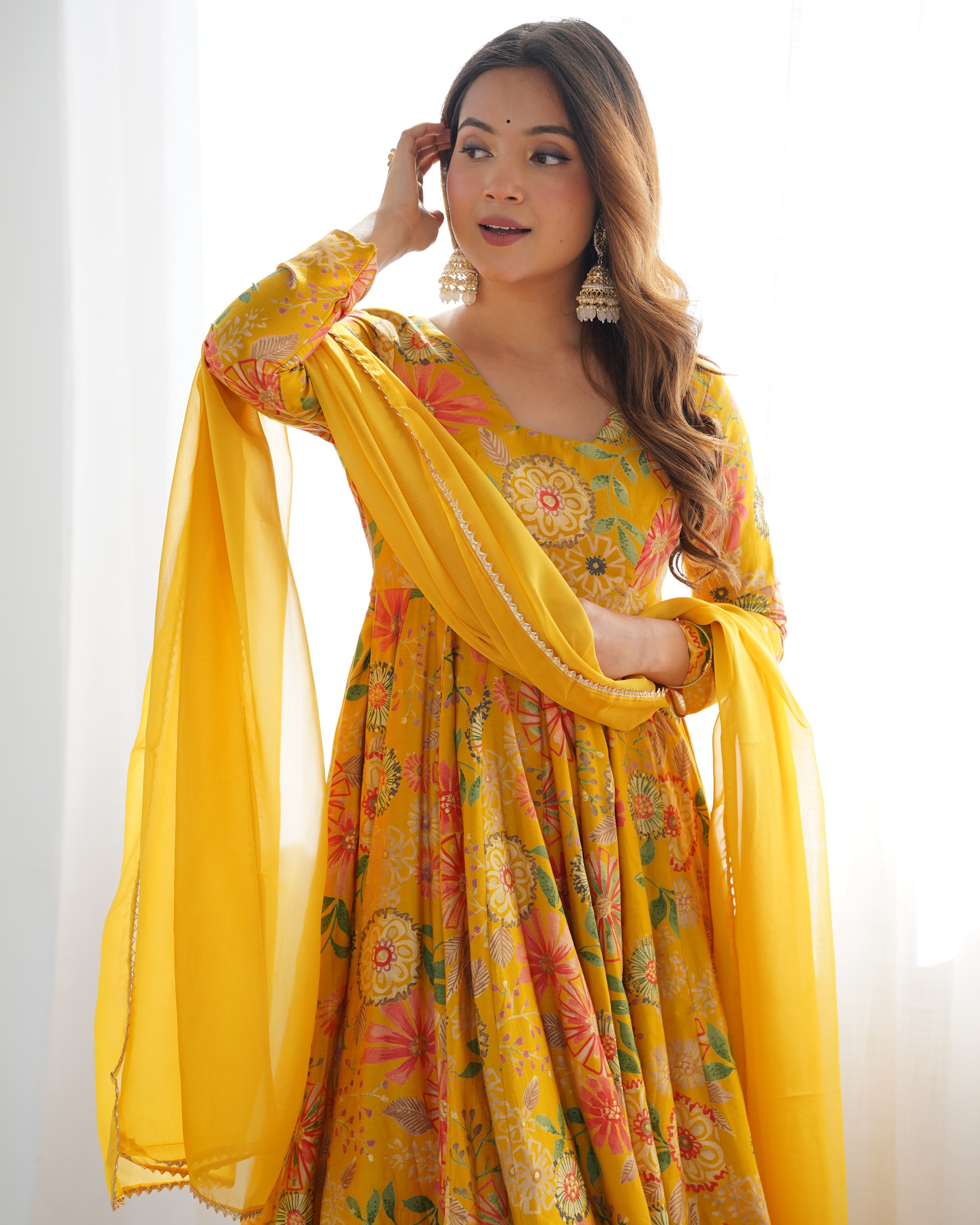 Yellow Soft Roman Sillk Chanderi Kediya Dress