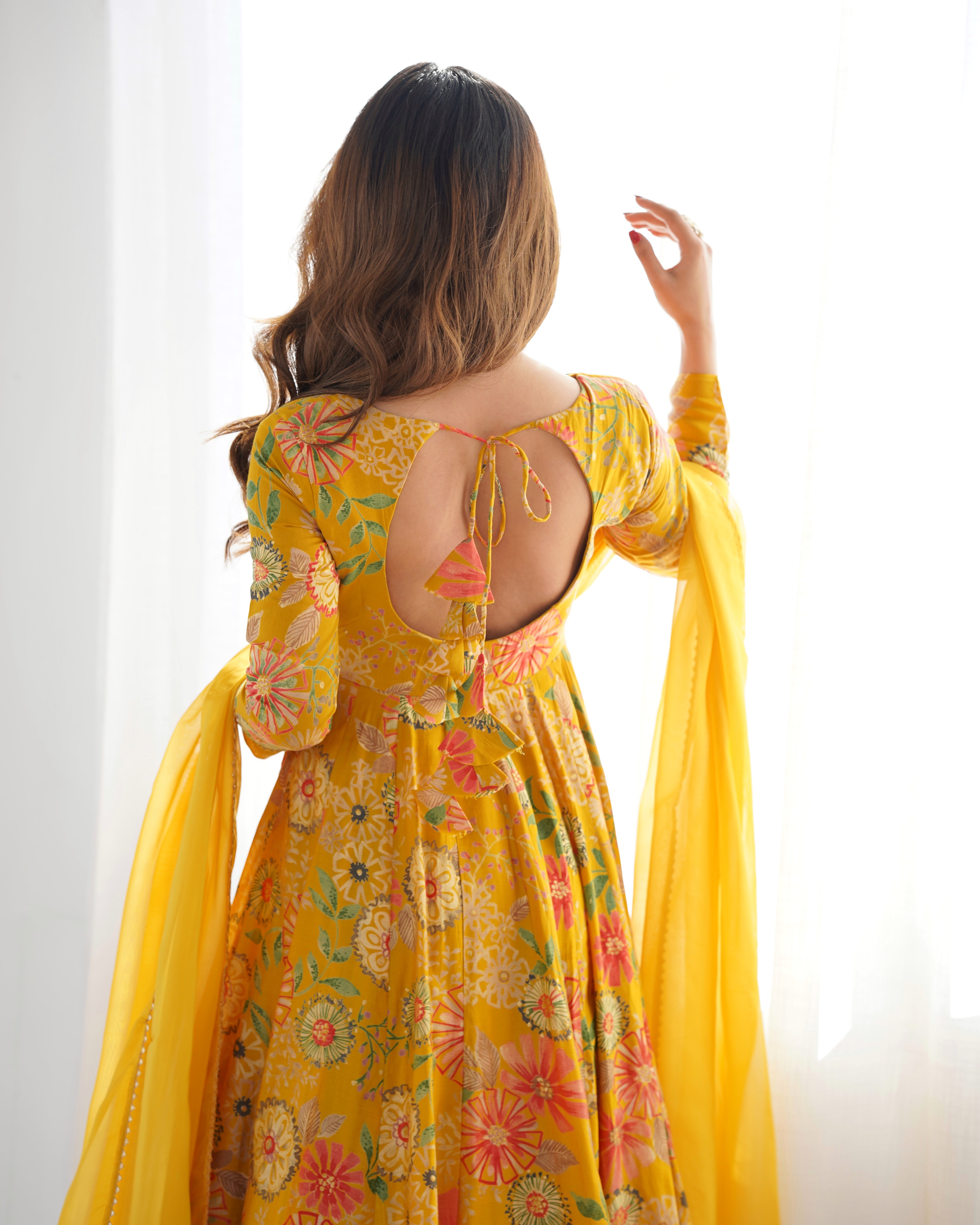 Yellow Soft Roman Sillk Chanderi Kediya Dress