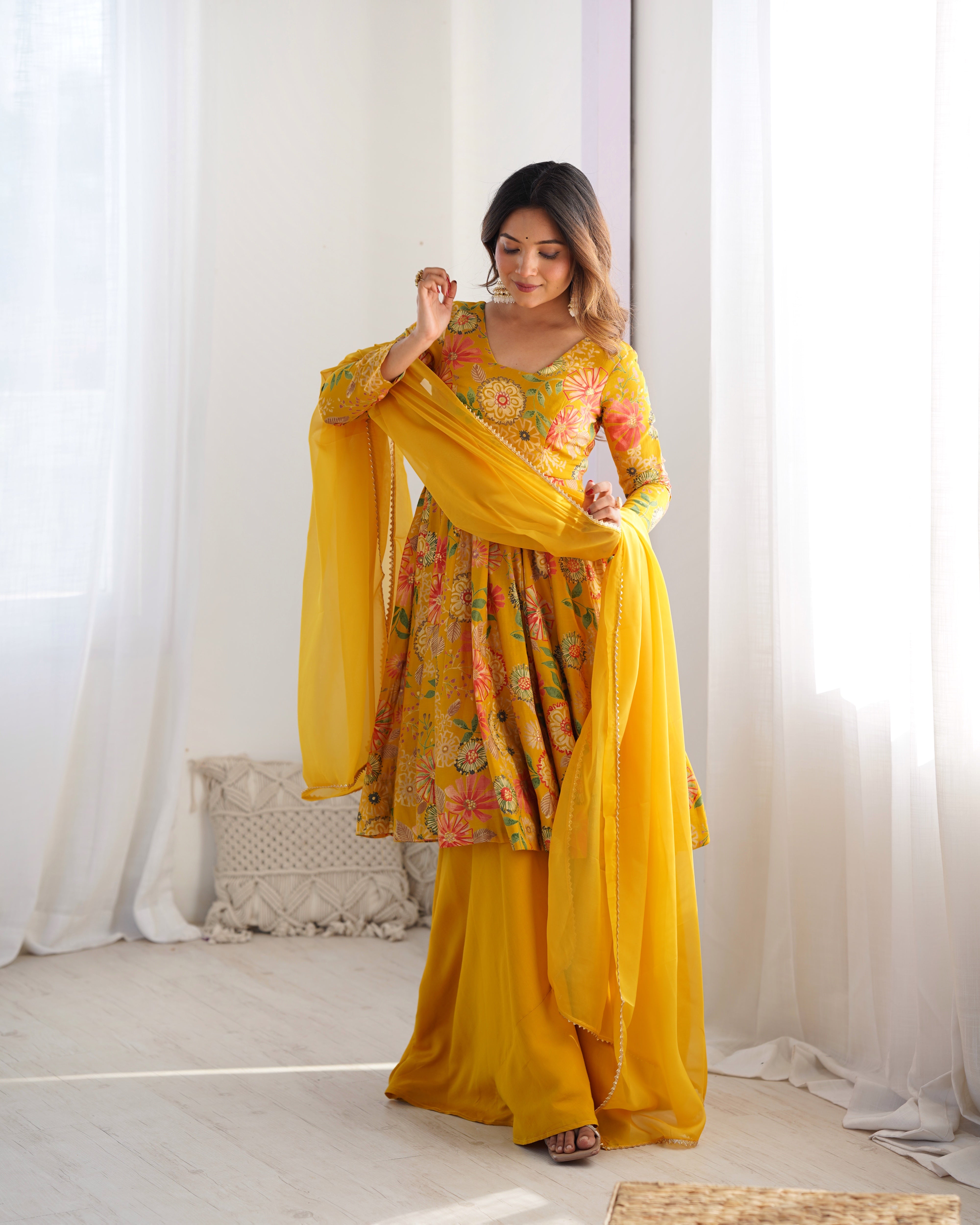 Yellow Soft Roman Sillk Chanderi Kediya Dress
