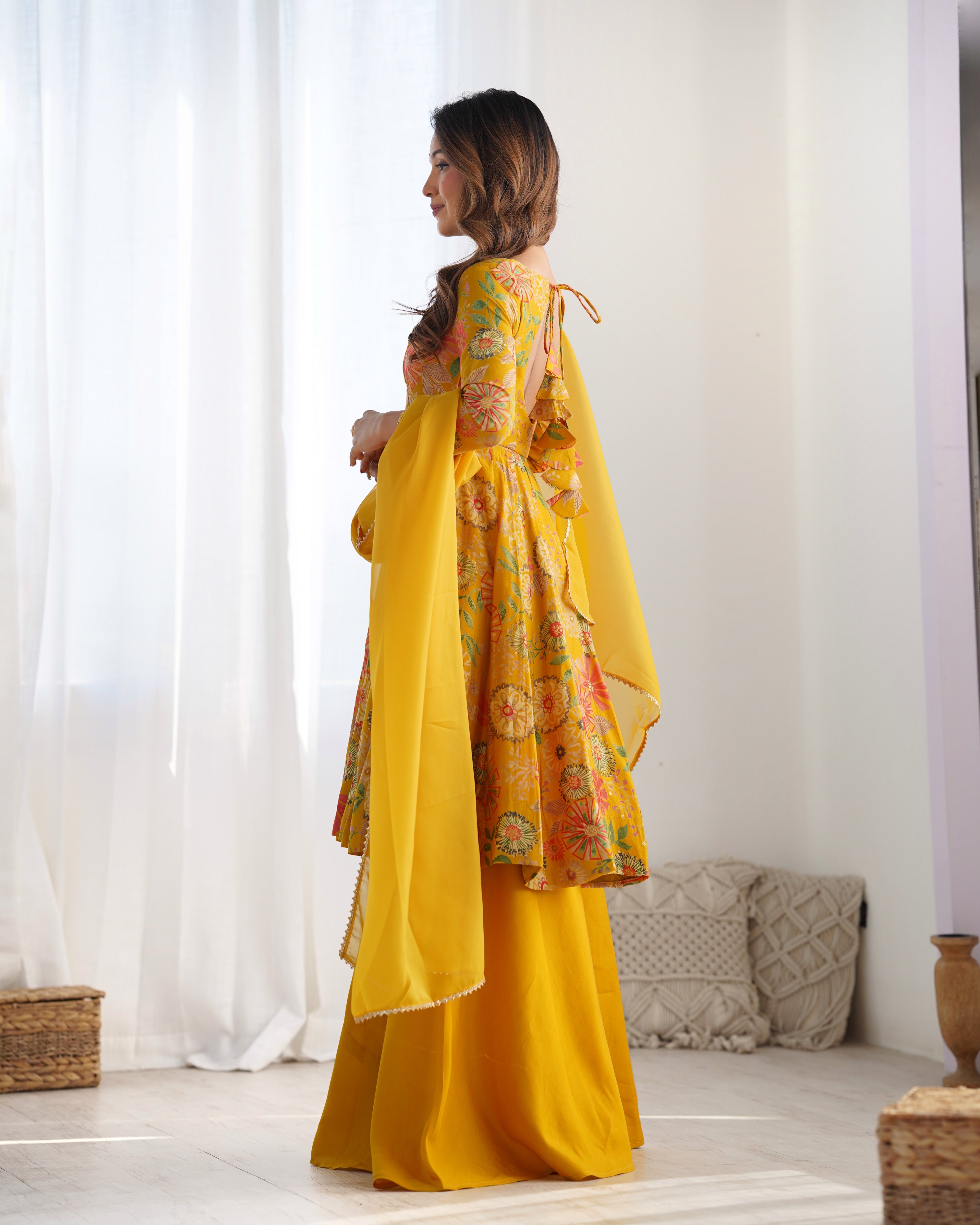 Yellow Soft Roman Sillk Chanderi Kediya Dress