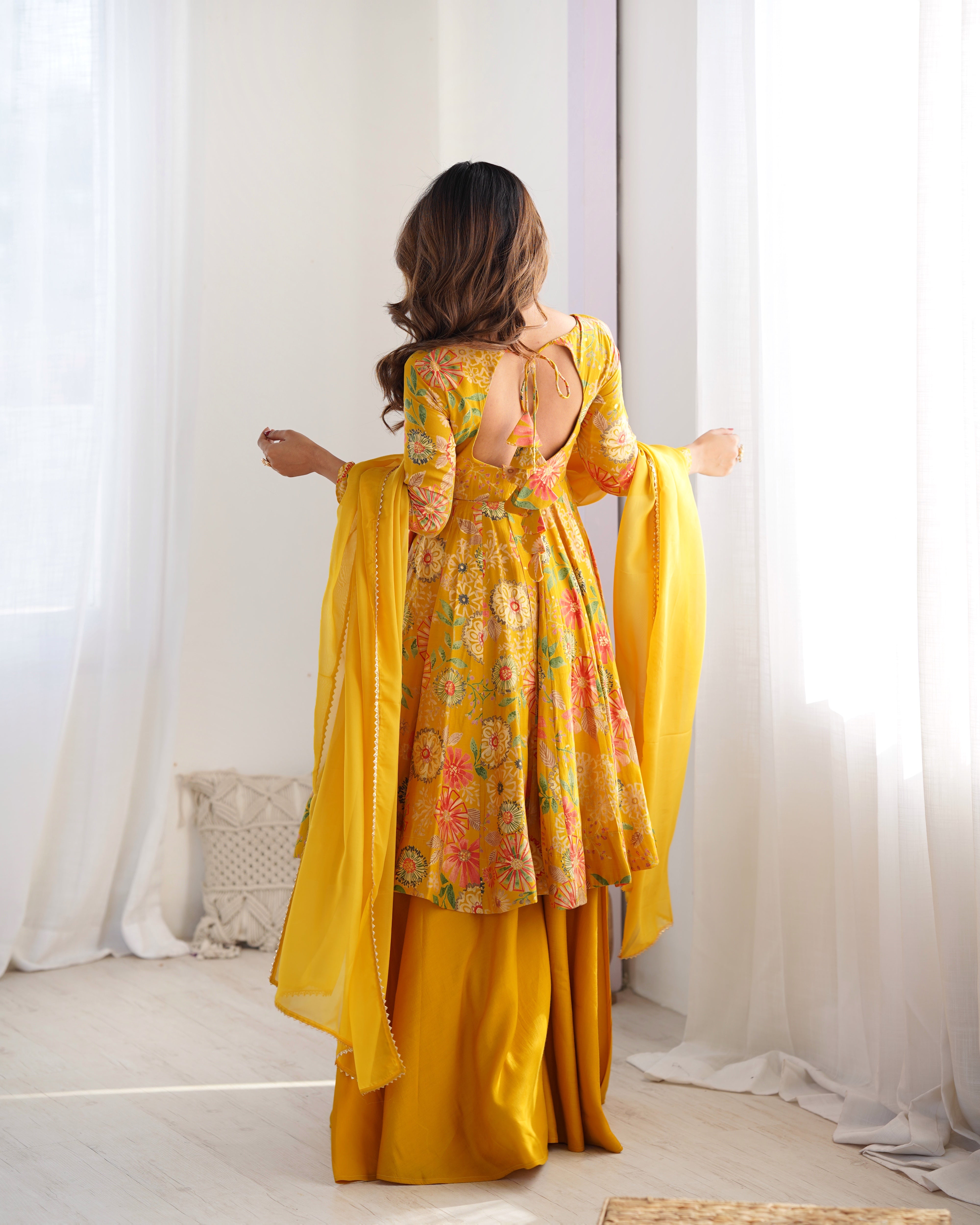 Yellow Soft Roman Sillk Chanderi Kediya Dress