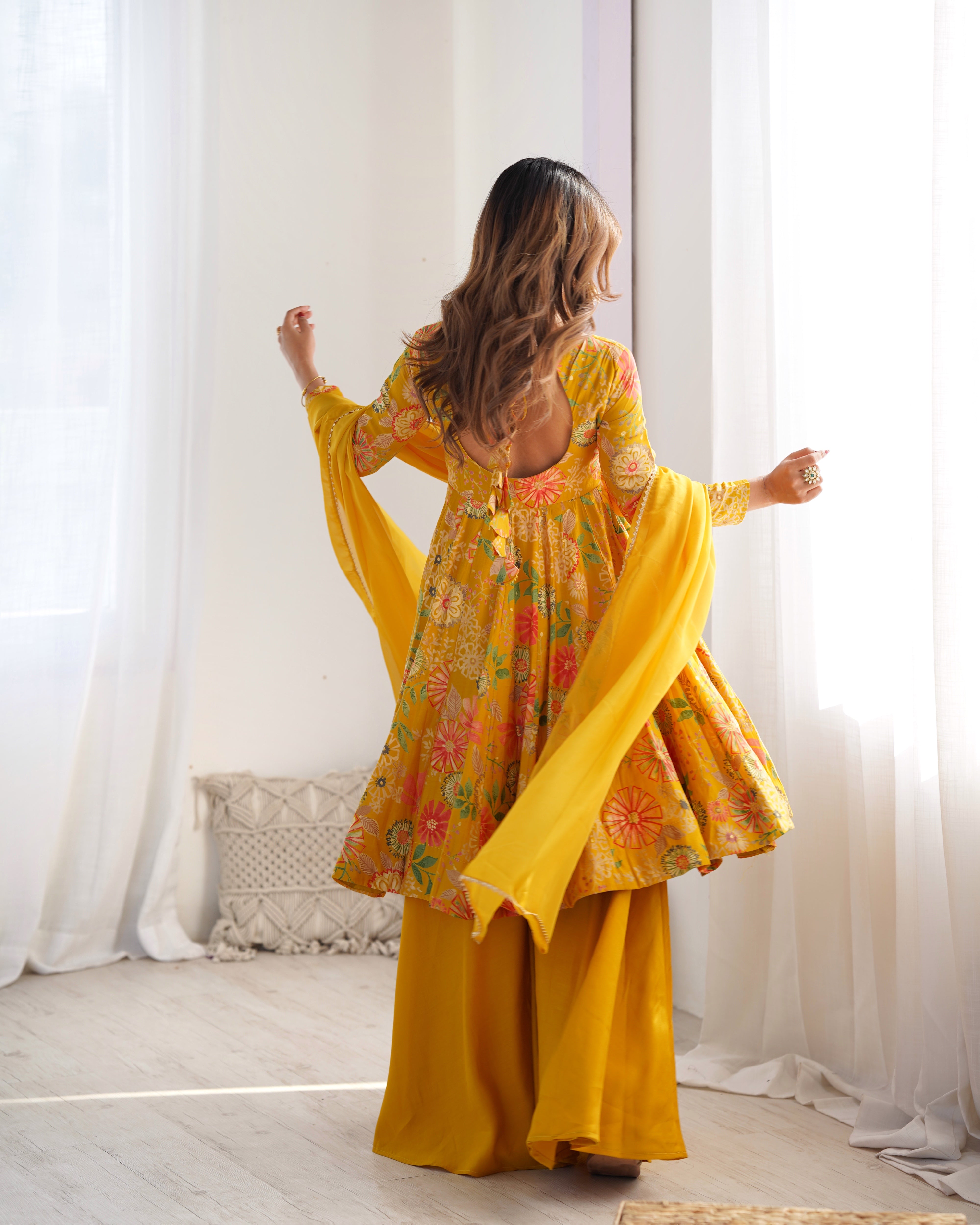 Yellow Soft Roman Sillk Chanderi Kediya Dress
