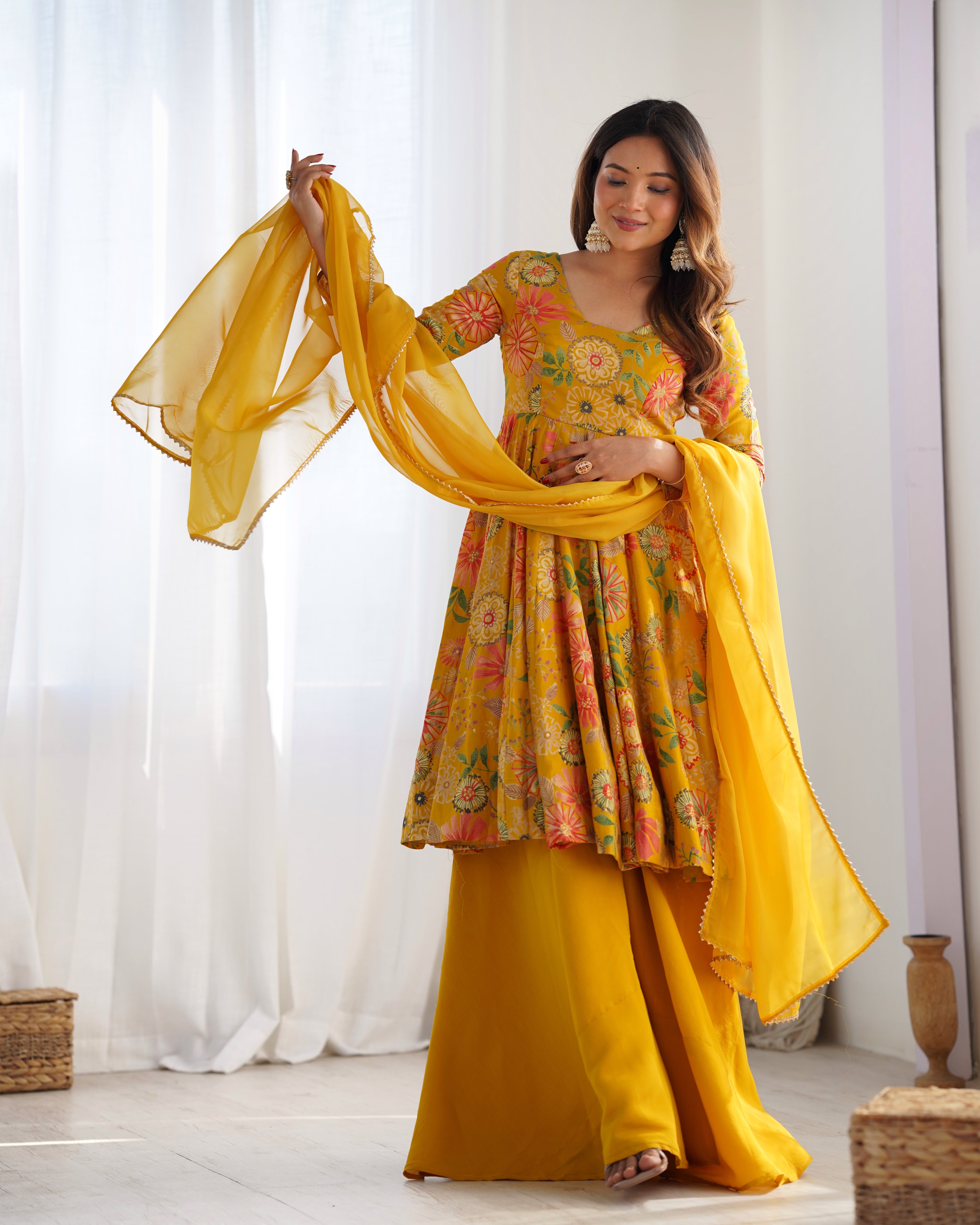 Yellow Soft Roman Sillk Chanderi Kediya Dress