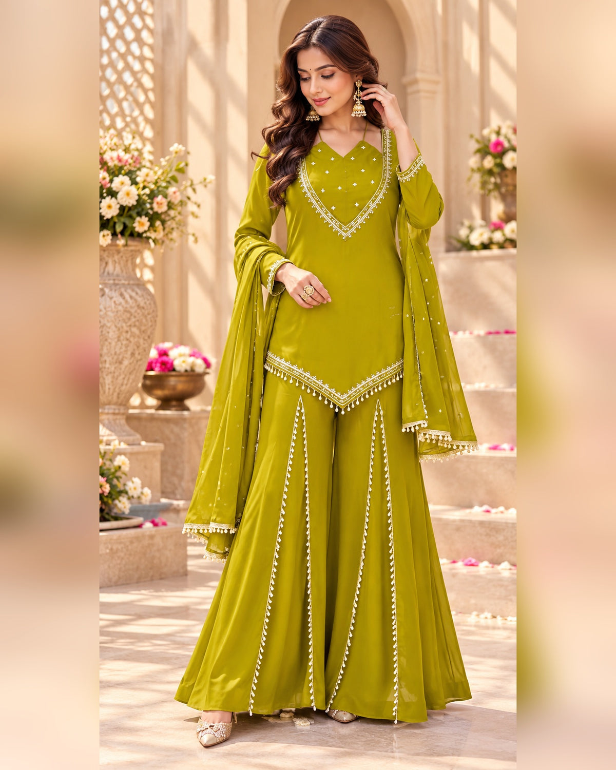 Lime Green Roman Glass Mirror Work Palazzo Suit Set with Chanderi Dupatta