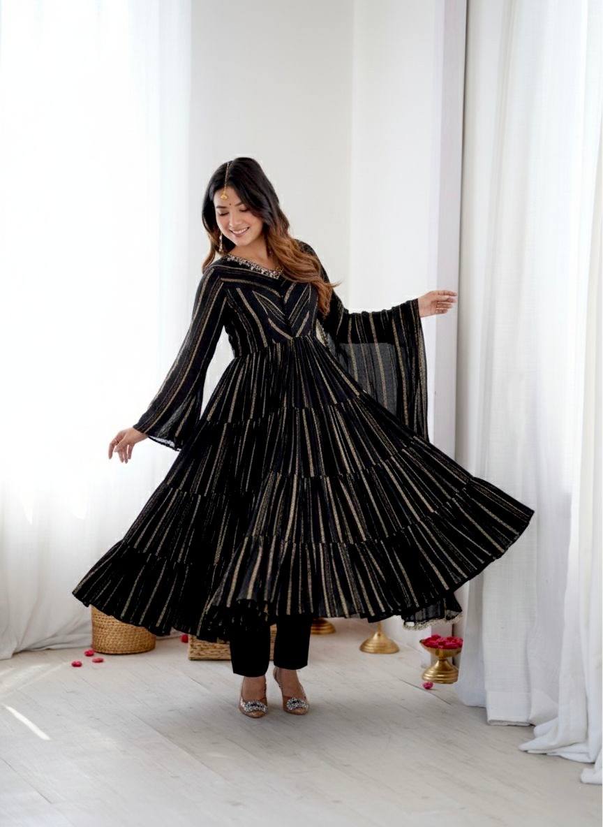 Onyx Black Color Mal Chanderi Ruffle Flaired Gown | Nardev Fashion