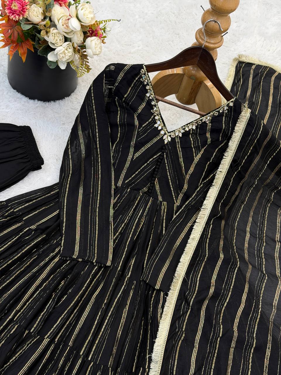 Onyx Black Color Mal Chanderi Ruffle Flaired Gown | Nardev Fashion