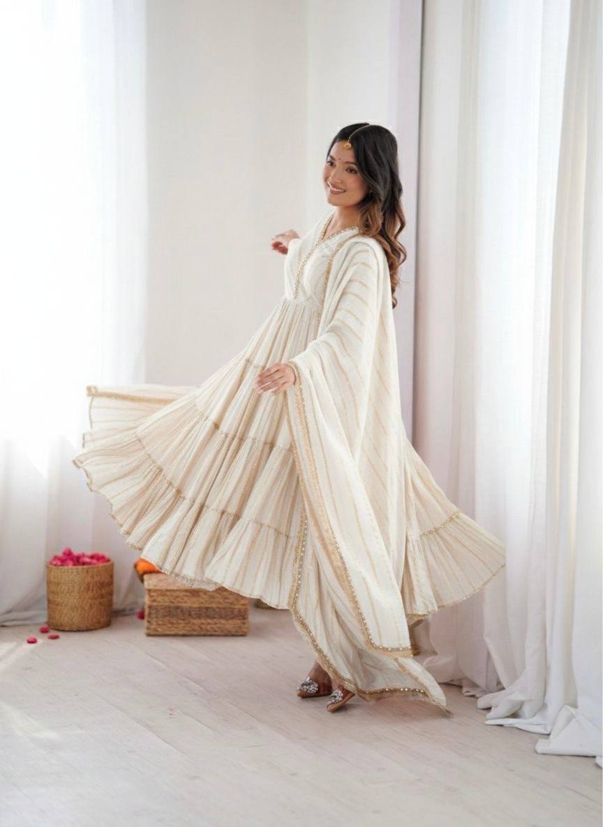 Ivory Color Mal Chanderi Ruffle Flaired Gown | Nardev Fashion