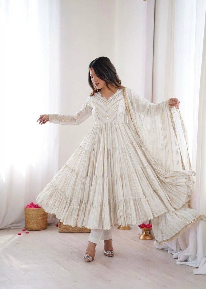 Ivory Color Mal Chanderi Ruffle Flaired Gown | Nardev Fashion