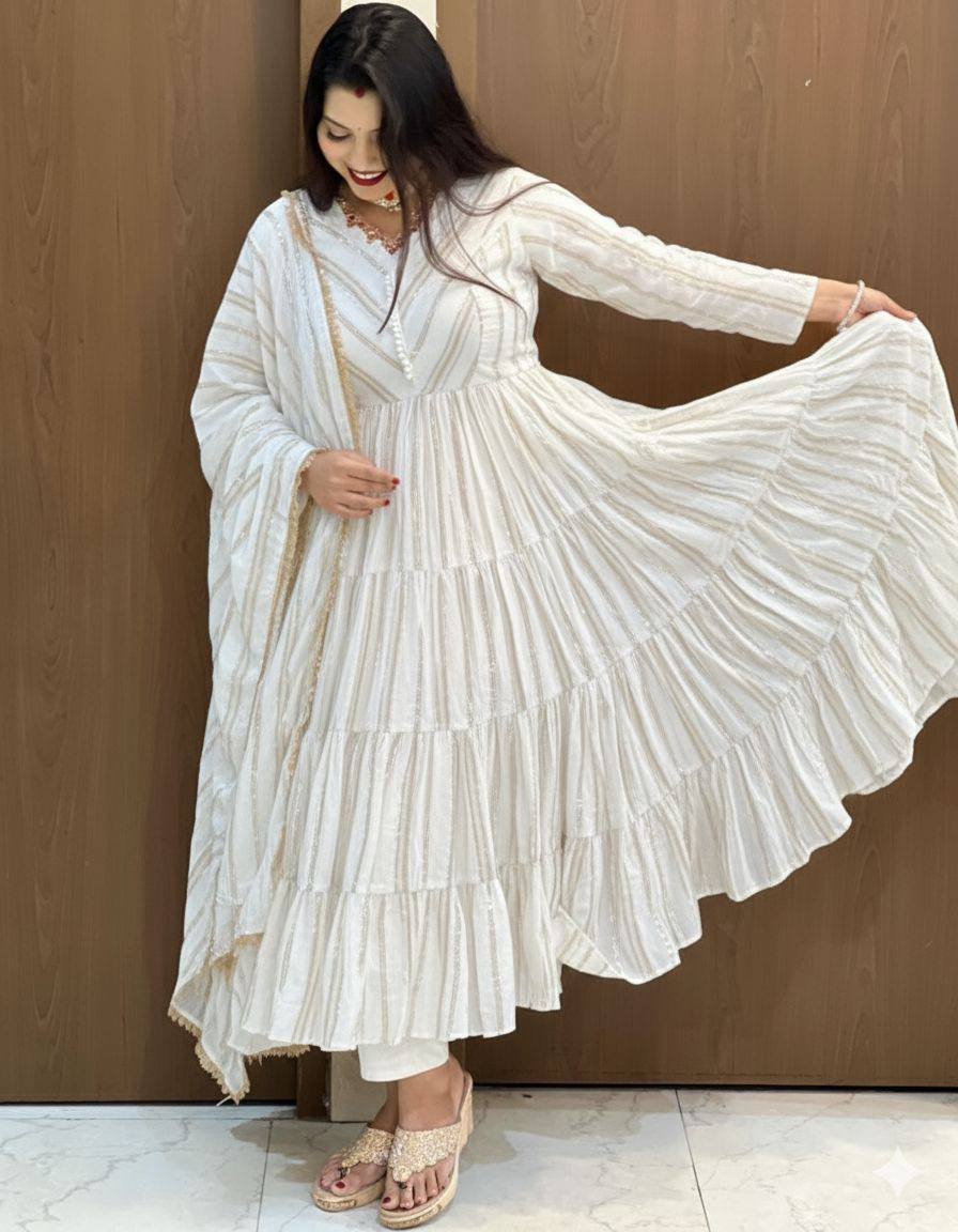 Ivory Color Mal Chanderi Ruffle Flaired Gown | Nardev Fashion