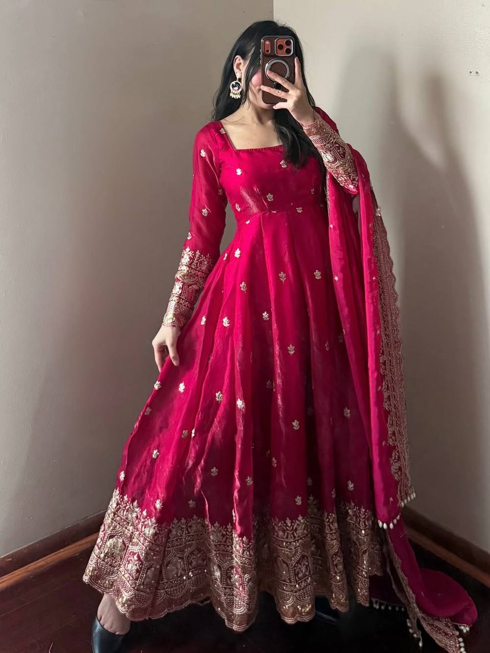 Rani Pink Embroidered Party Wear Anarkali with Dupatta & Pant for Women