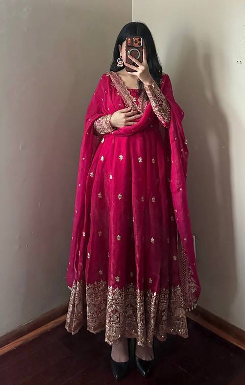 Rani Pink Embroidered Party Wear Anarkali with Dupatta & Pant for Women