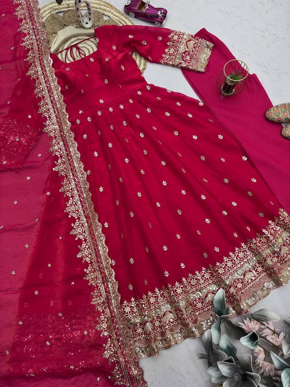 Rani Pink Embroidered Party Wear Anarkali with Dupatta & Pant for Women