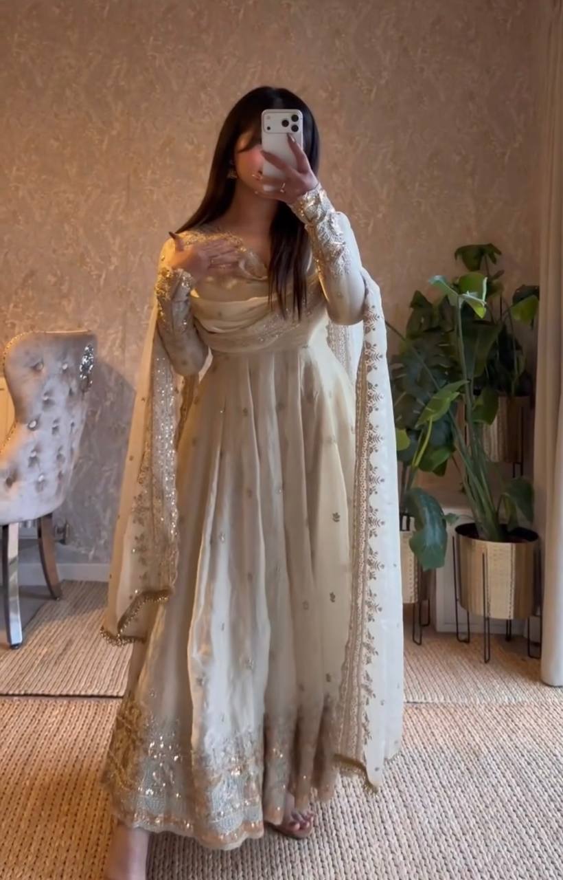 Ivory Embroidered Fendy Silk Anarkali with Dupatta & Pant for Women