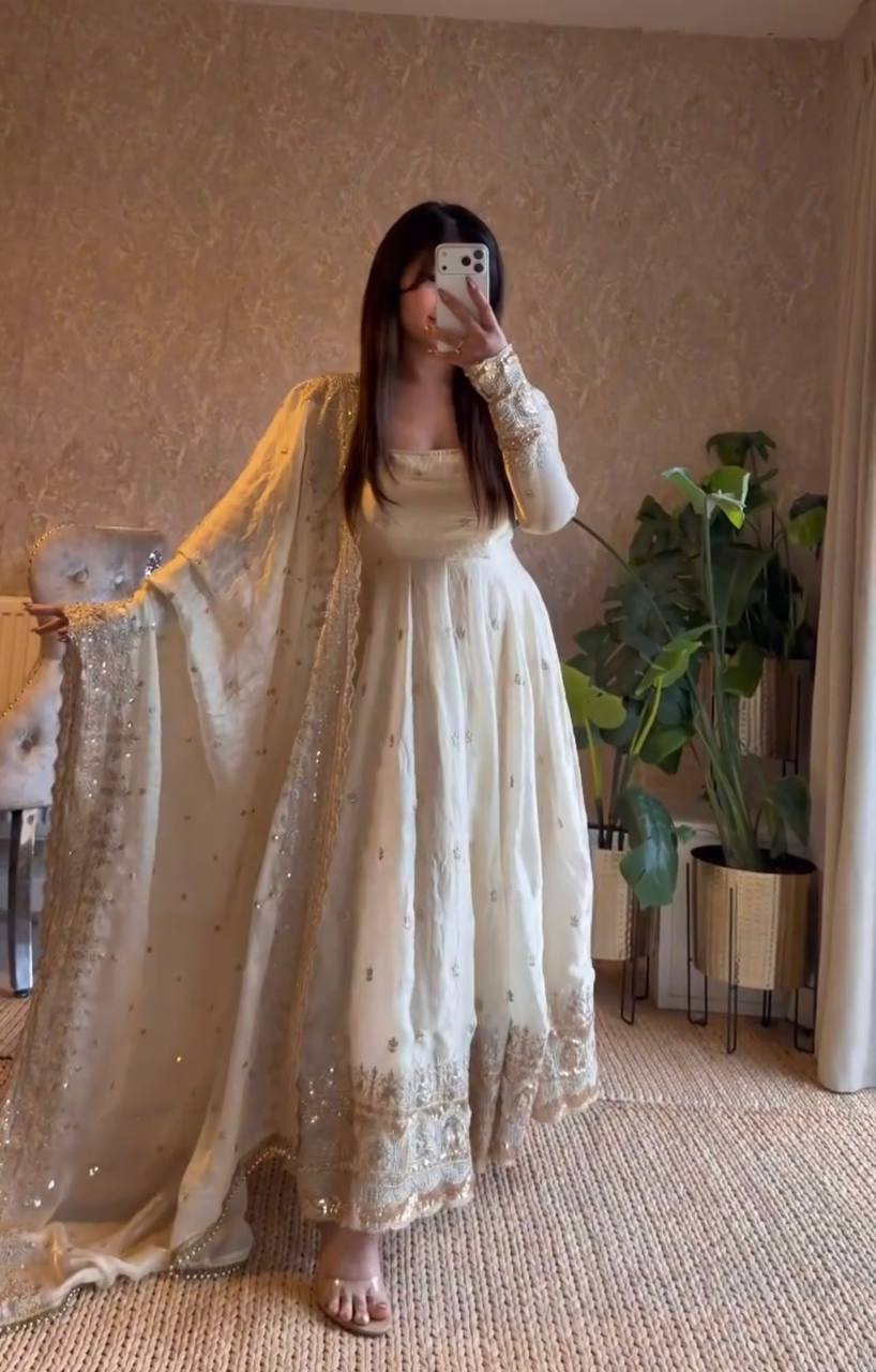 Ivory Embroidered Fendy Silk Anarkali with Dupatta & Pant for Women