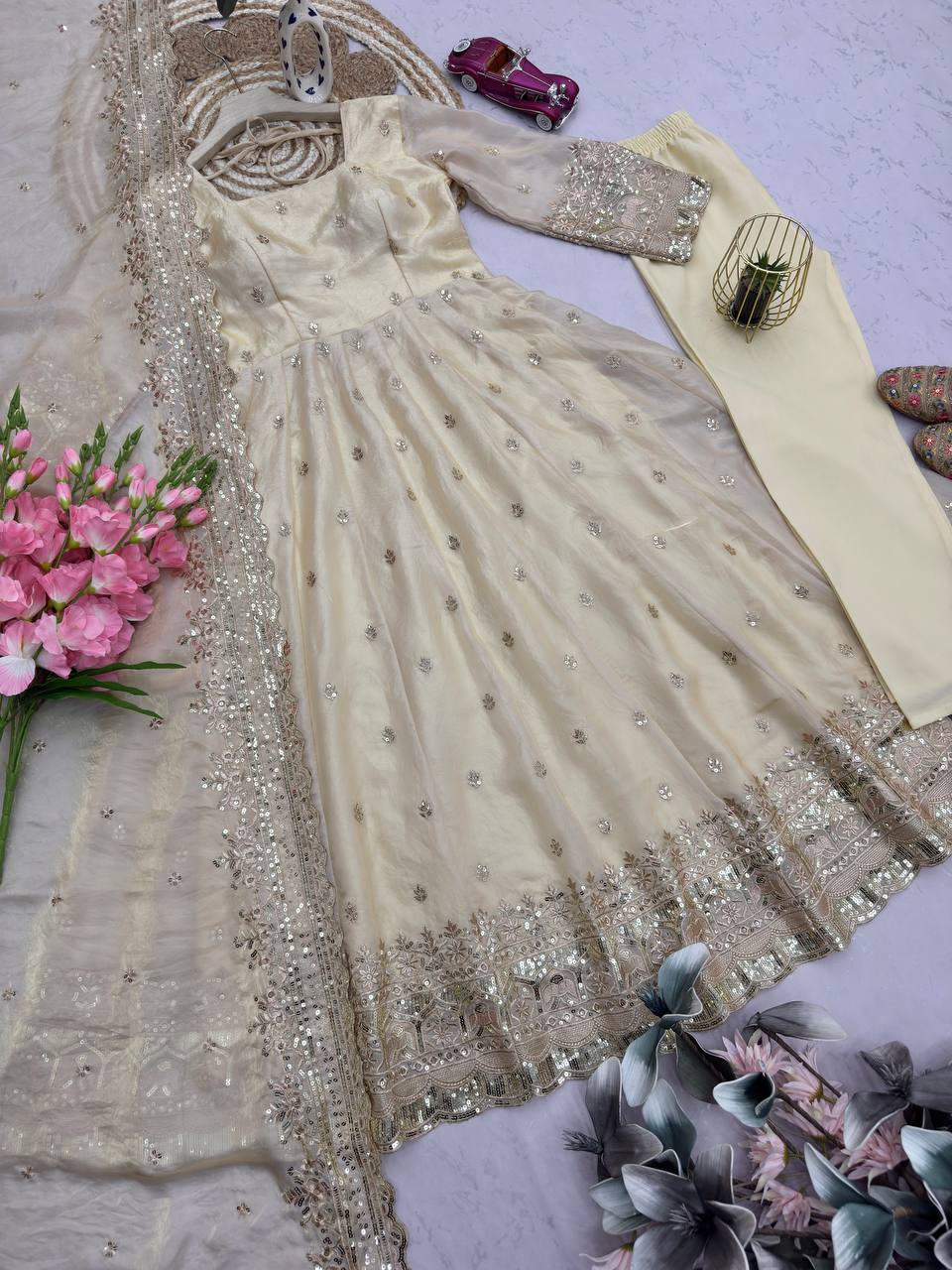 Ivory Embroidered Fendy Silk Anarkali with Dupatta & Pant for Women