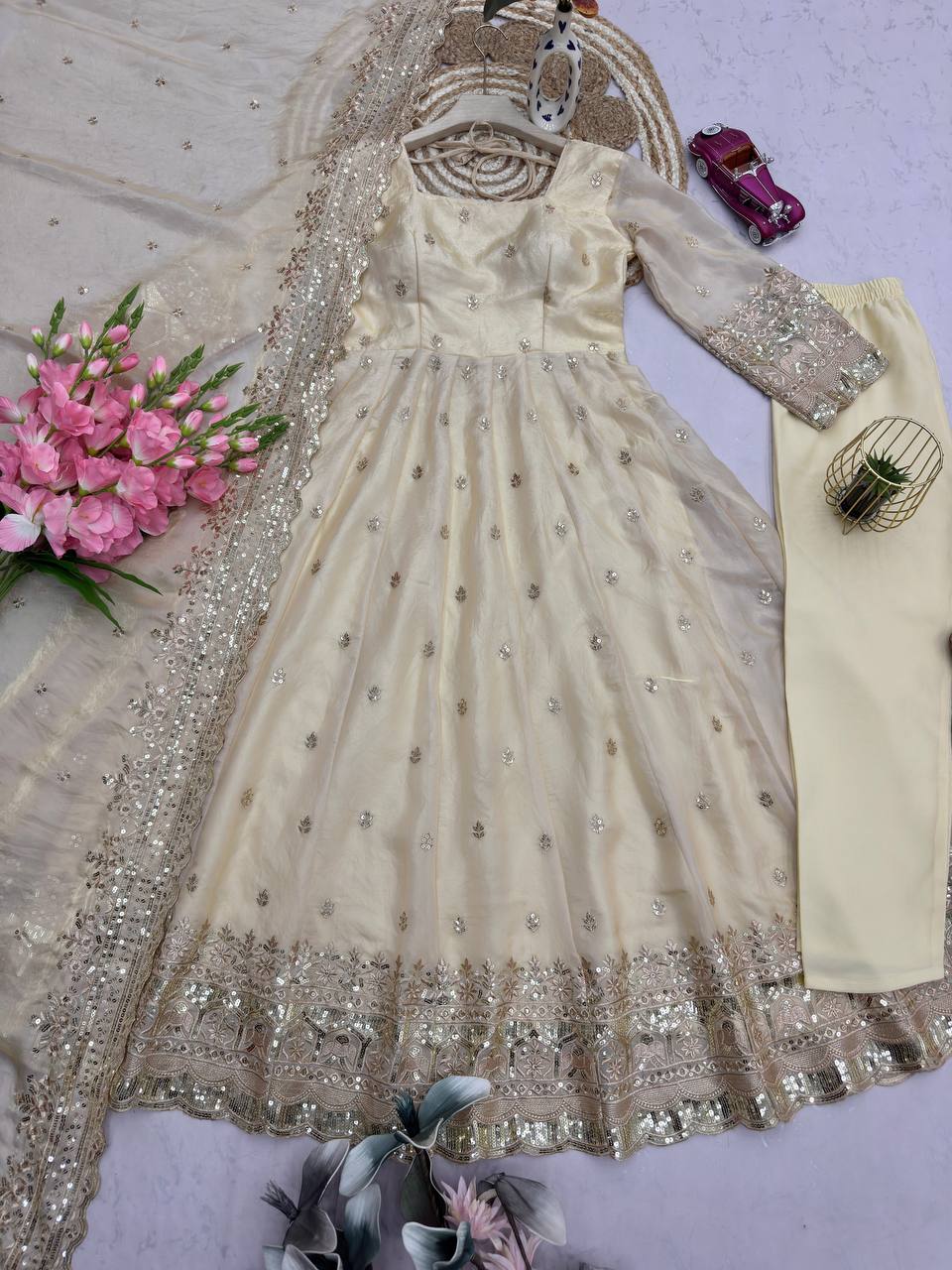 Ivory Embroidered Fendy Silk Anarkali with Dupatta & Pant for Women