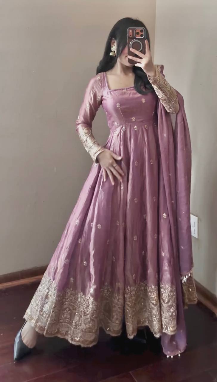 Mauve Pink Party Wear Anarkali with Dupatta & Pant for Women