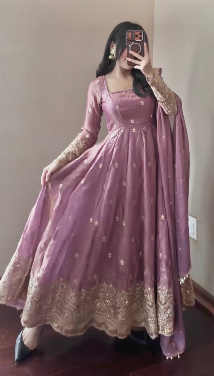 Mauve Pink Party Wear Anarkali with Dupatta & Pant for Women