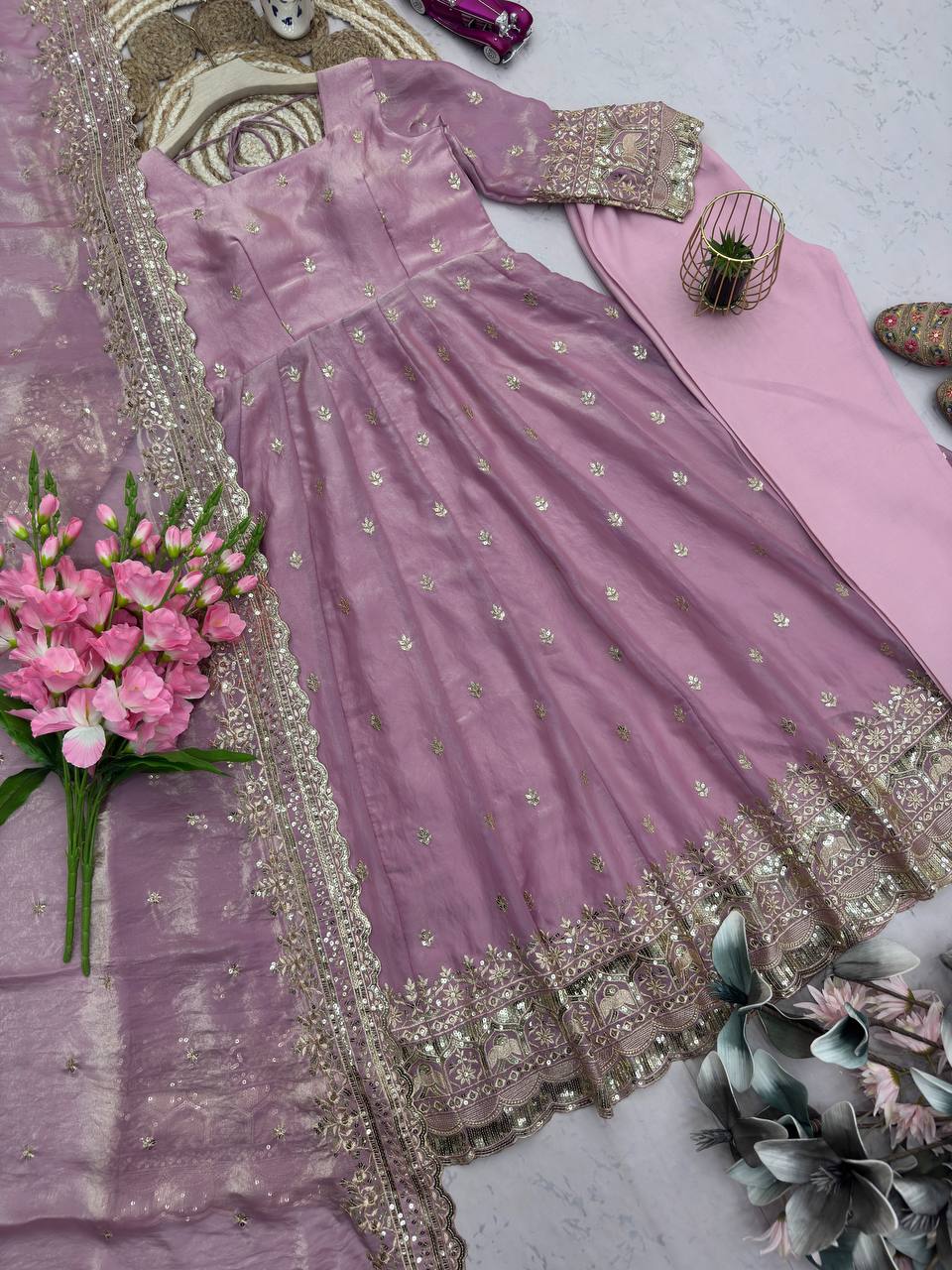 Mauve Pink Party Wear Anarkali with Dupatta & Pant for Women