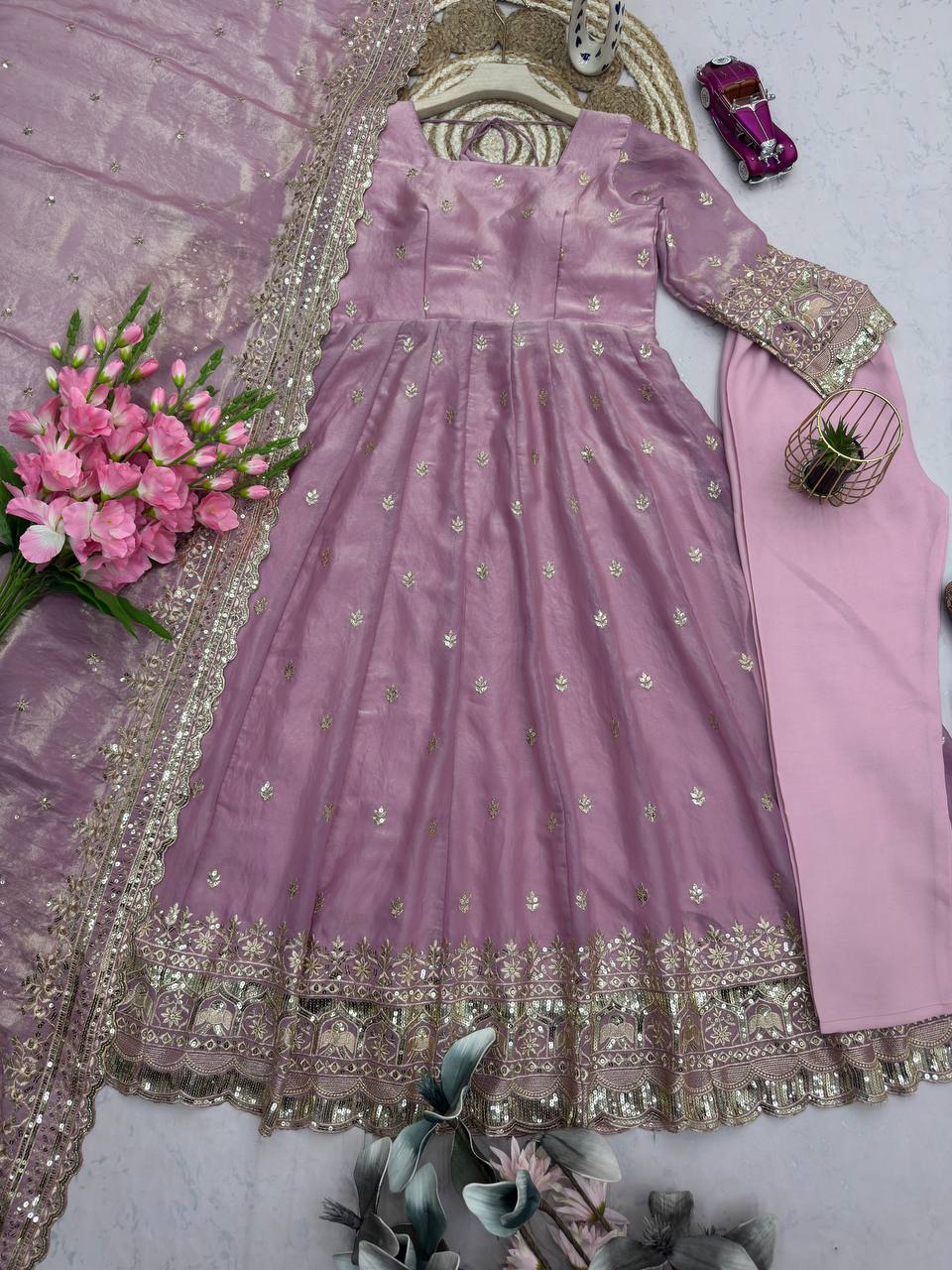 Mauve Pink Party Wear Anarkali with Dupatta & Pant for Women