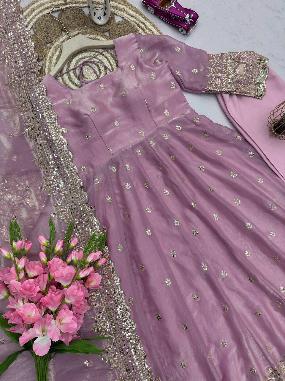 Mauve Pink Party Wear Anarkali with Dupatta & Pant for Women