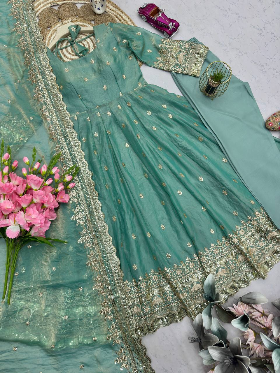 Mint Green Embroidered Fendy Silk Anarkali with Dupatta & Pant for Women