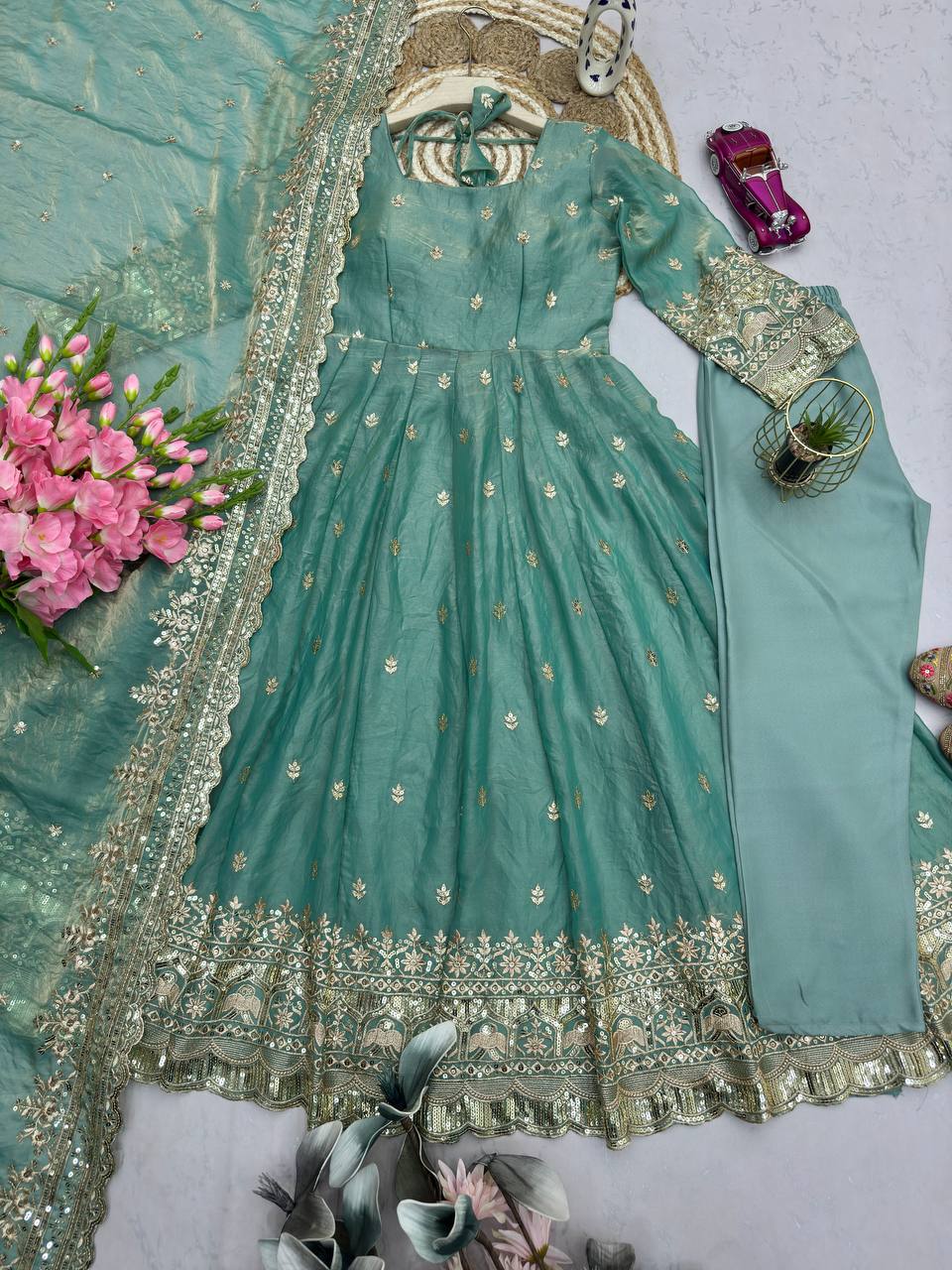 Mint Green Embroidered Fendy Silk Anarkali with Dupatta & Pant for Women