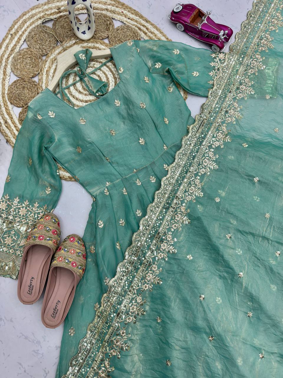 Mint Green Embroidered Fendy Silk Anarkali with Dupatta & Pant for Women