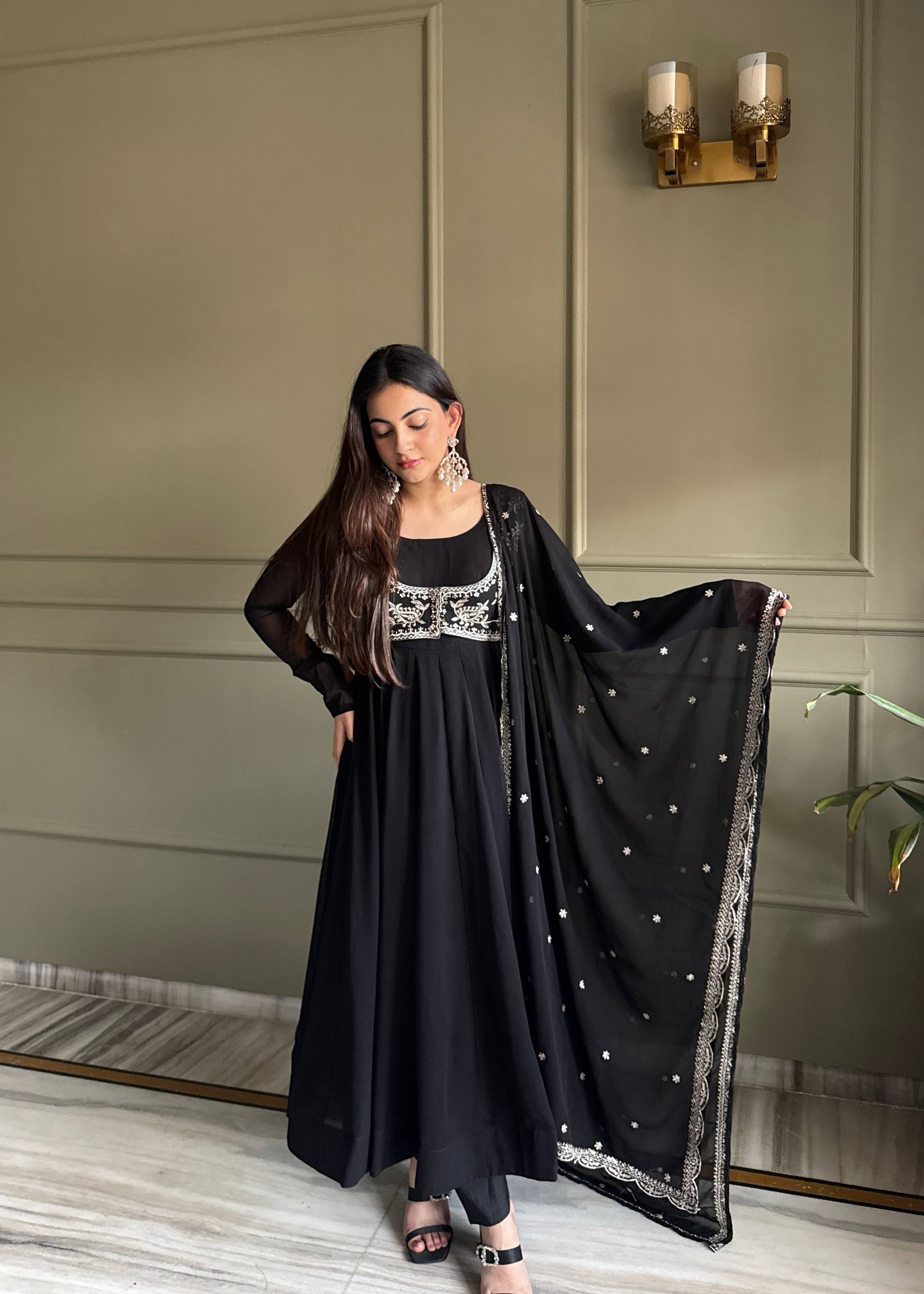 Black Partywear Anarkali with Koti Set | Nardev Fashion
