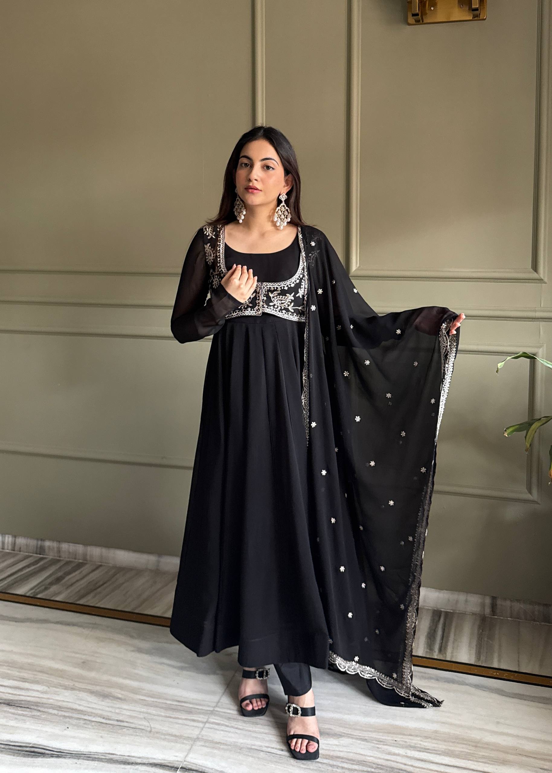 Black Partywear Anarkali with Koti Set | Nardev Fashion