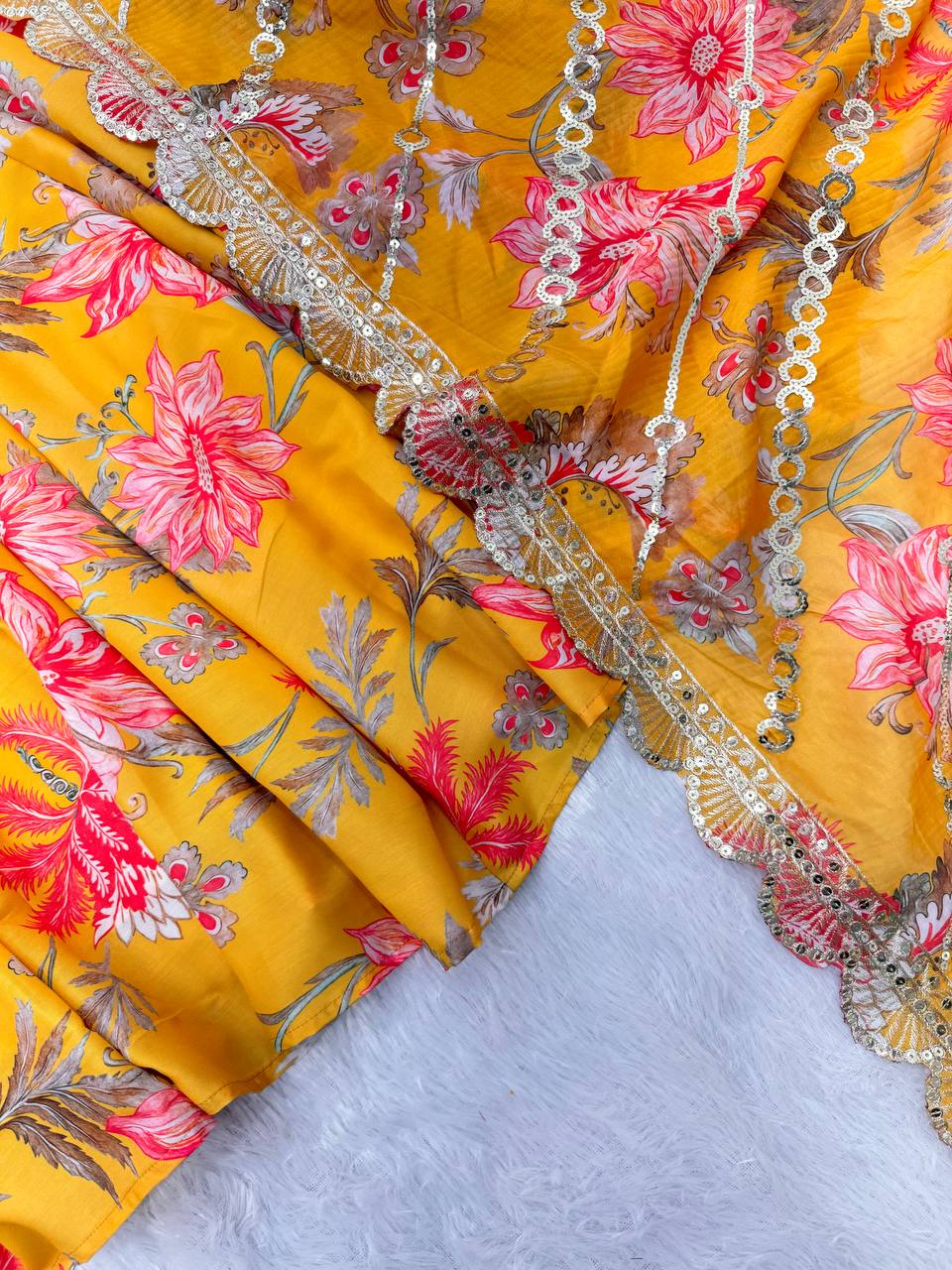 Yellow Floral Print Kali Cut Anarkali Suit with Organza Dupatta & Pant Set for Women