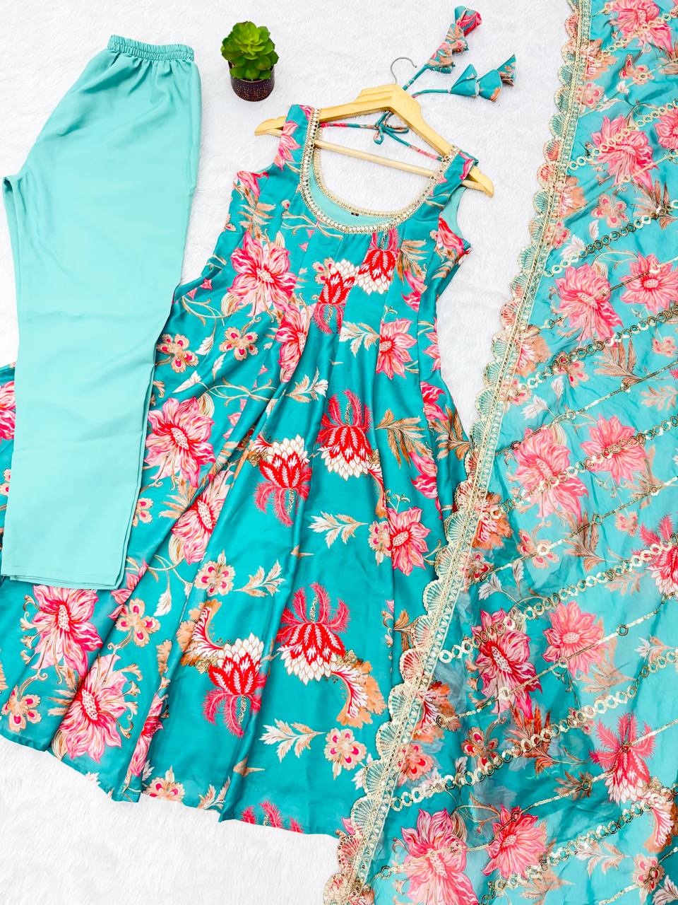 Rama Floral Print Kali Cut Anarkali Suit with Organza Dupatta & Pant Set for Women