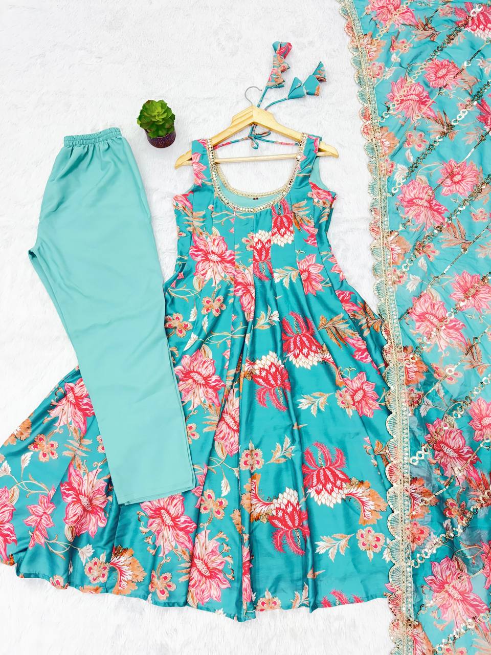 Rama Floral Print Kali Cut Anarkali Suit with Organza Dupatta & Pant Set for Women