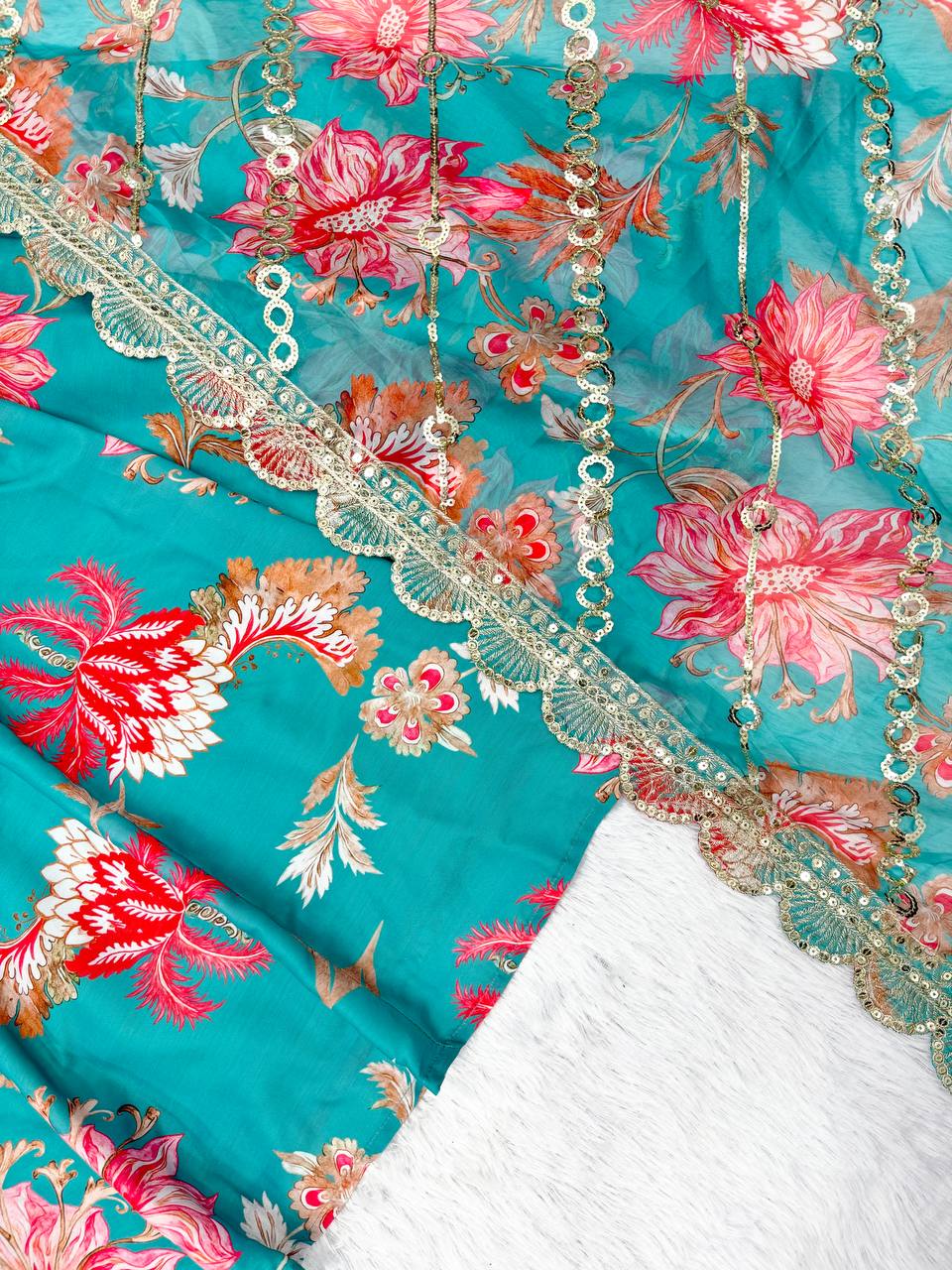 Rama Floral Print Kali Cut Anarkali Suit with Organza Dupatta & Pant Set for Women