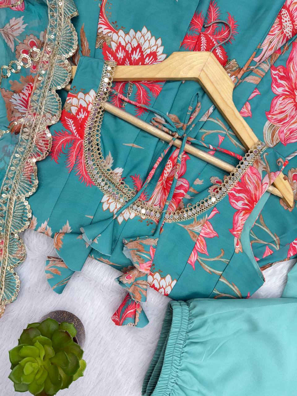 Rama Floral Print Kali Cut Anarkali Suit with Organza Dupatta & Pant Set for Women