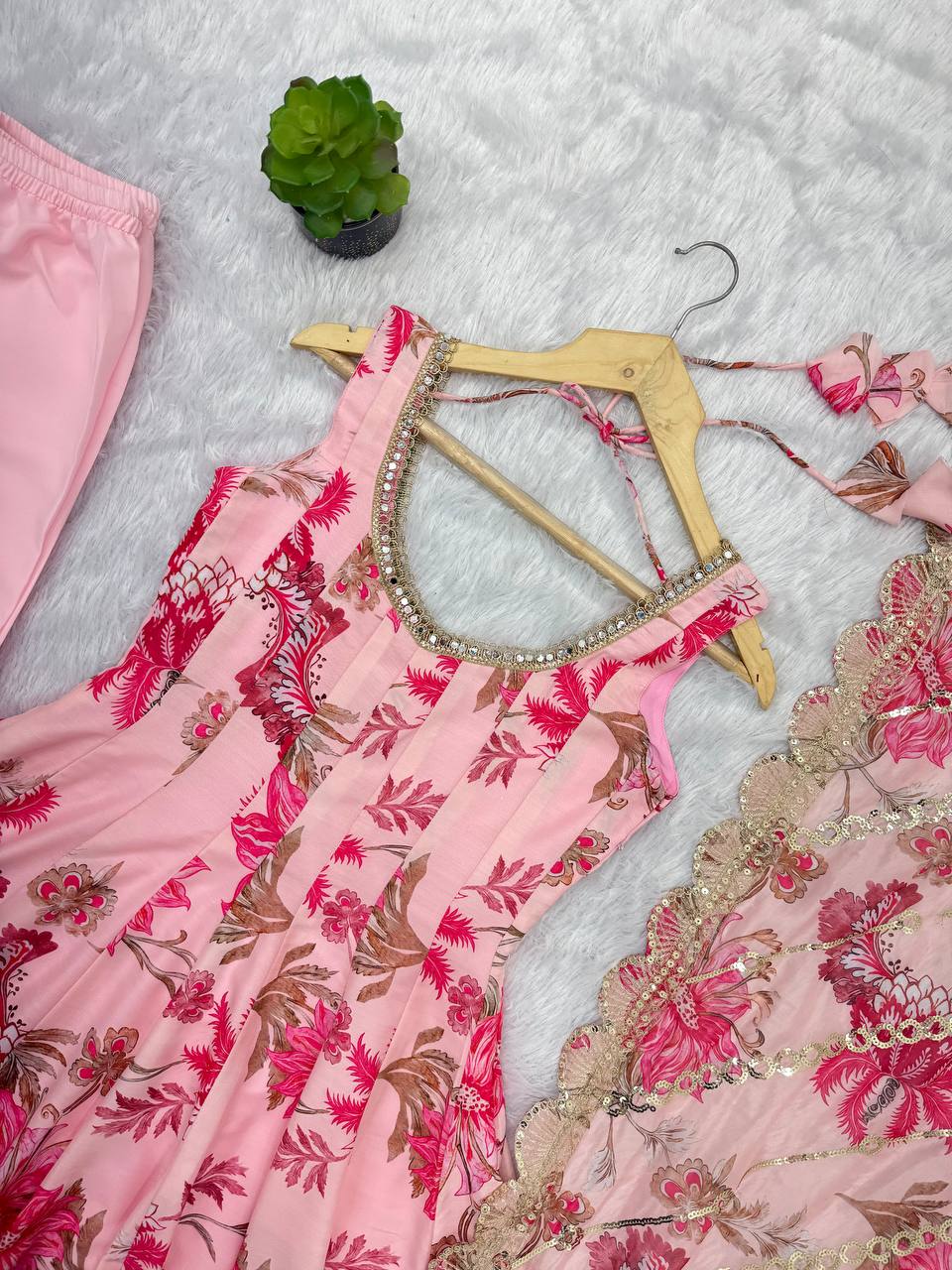 Pink Floral Print Kali Cut Anarkali Suit with Organza Dupatta & Pant Set for Women